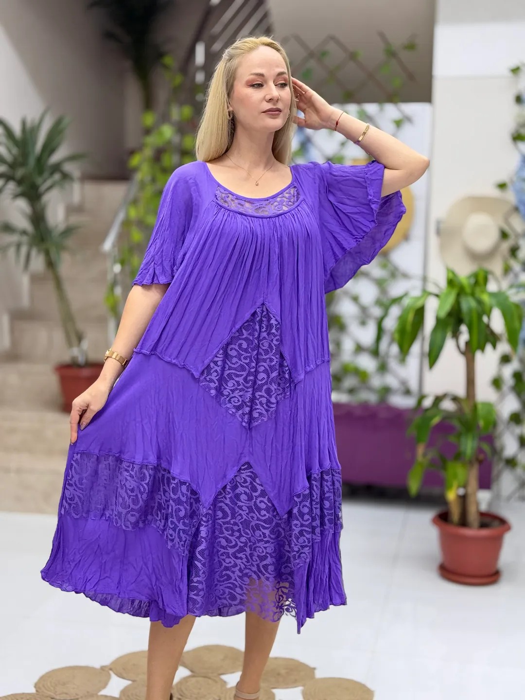 VL11055 Pencereli Vual Elbise Mor