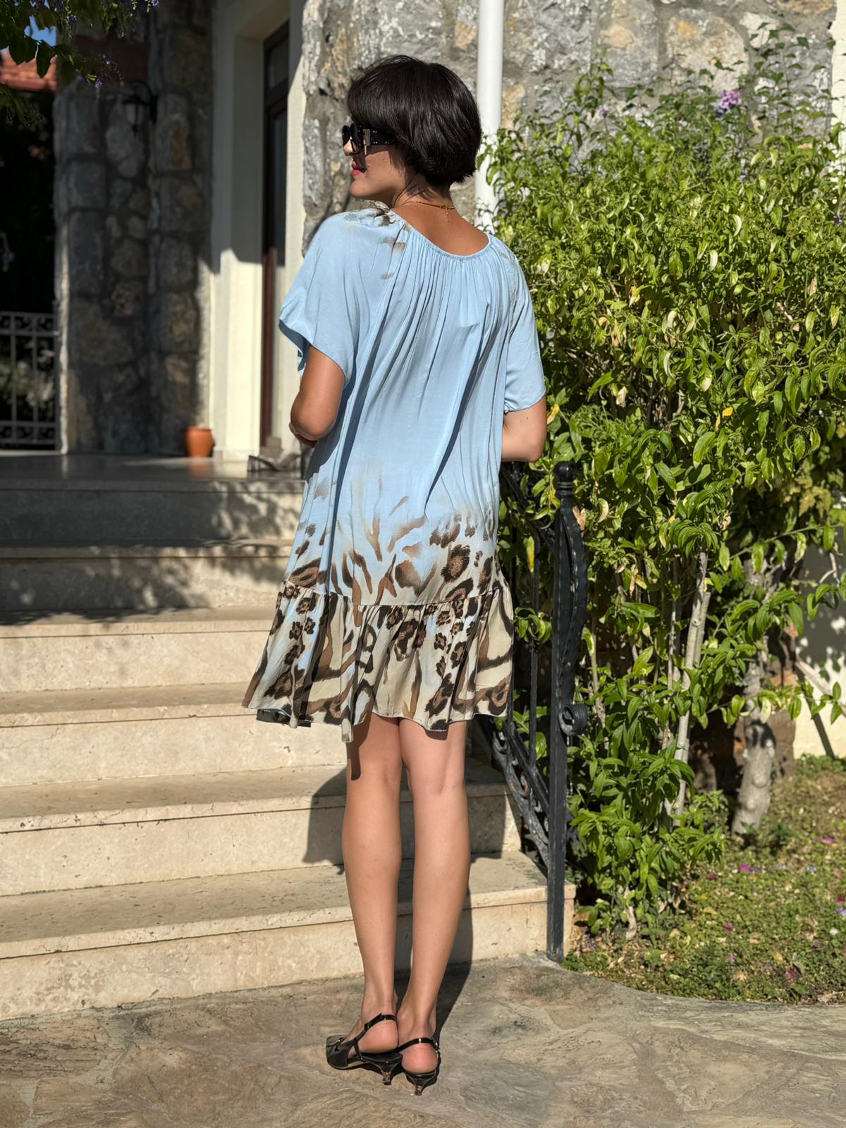 NC10526 İtalyan Yaka Lastikli Leoparlı Coton Elbise Bebe Mavi