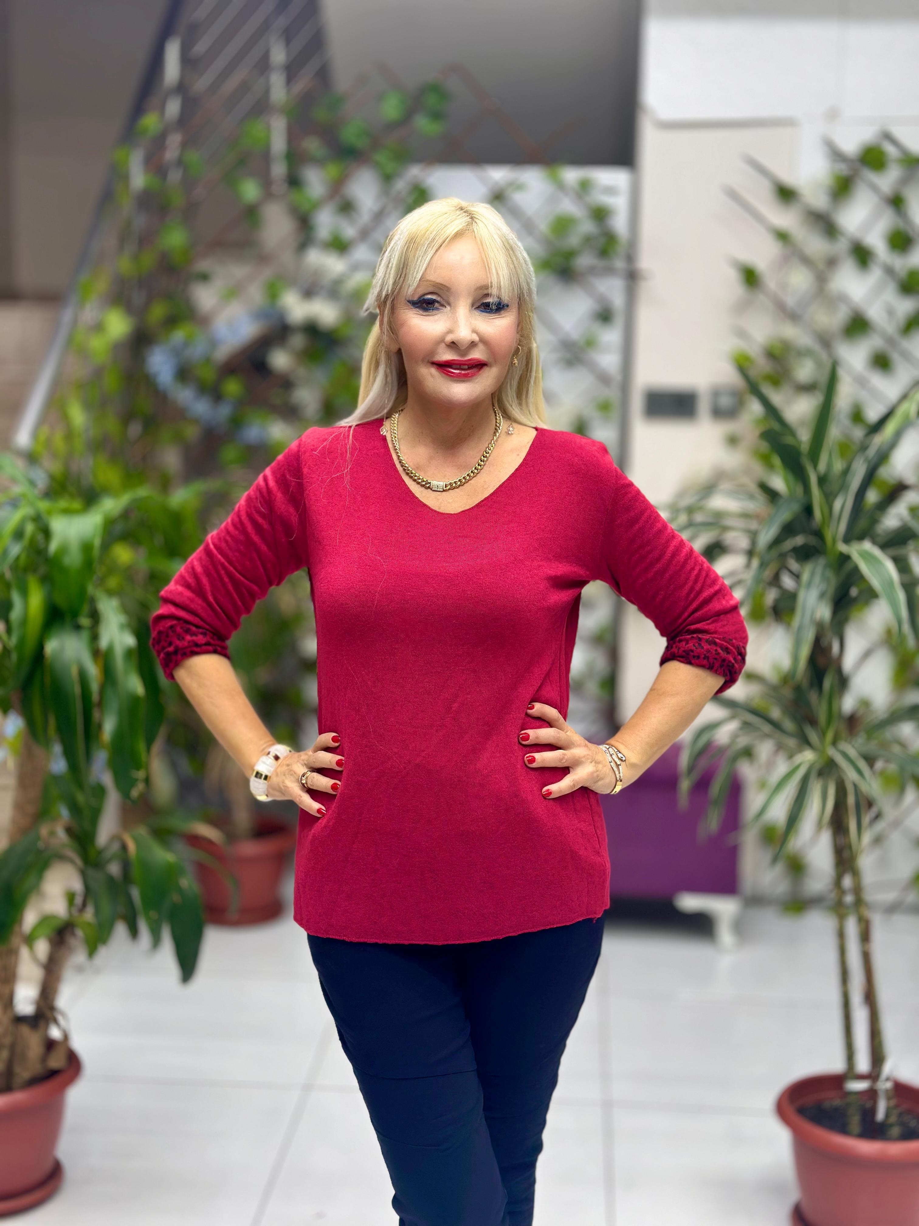 NC1202 İçi Leoparlı Yuvarlak Yaka Triko Küçük Kalıp Bluz Bordo