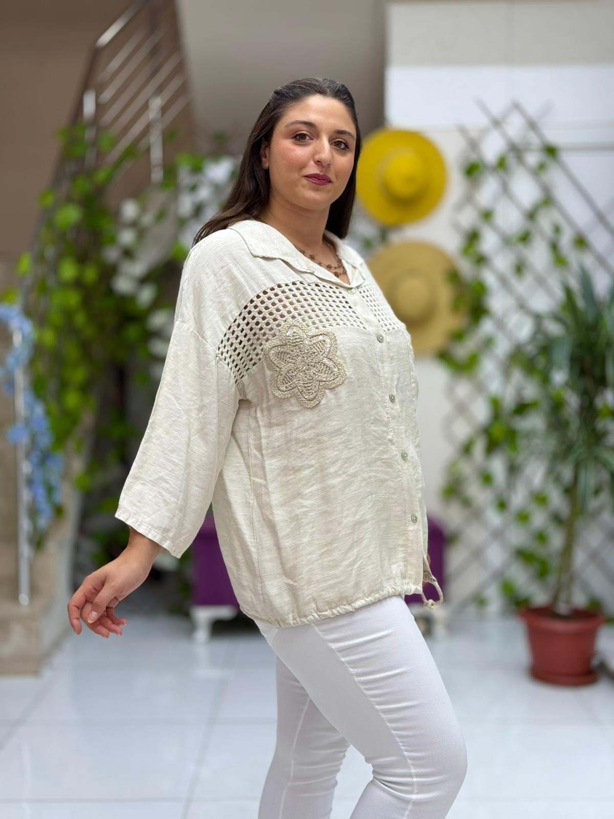 N23003 Blusa Lino Algodón Italiano Visón