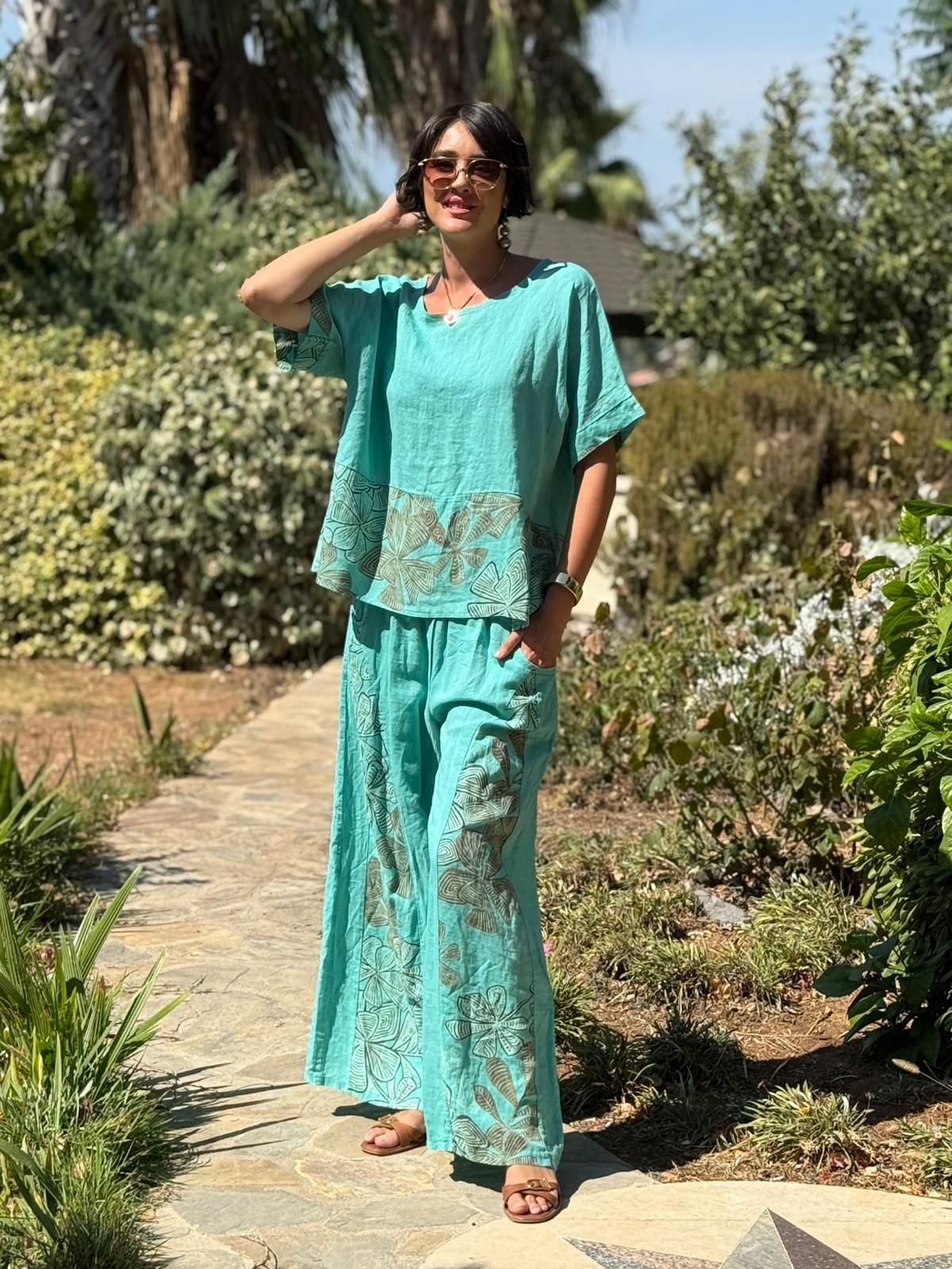 NC61253 İtalyan Çiçek Baskılı Keten Takım Mint