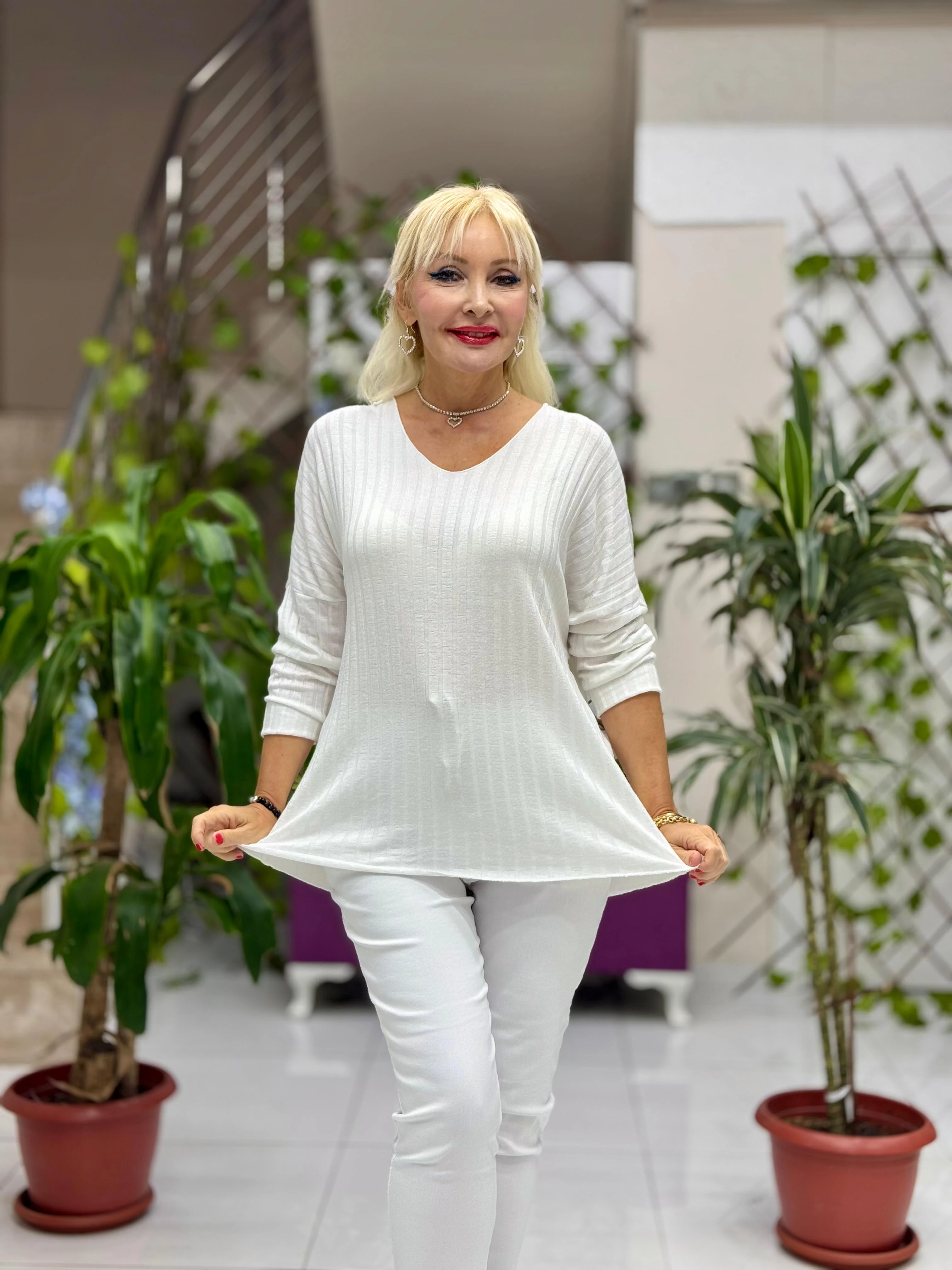 LS5510 İtalyan V Yaka Triko Bluz Beyaz