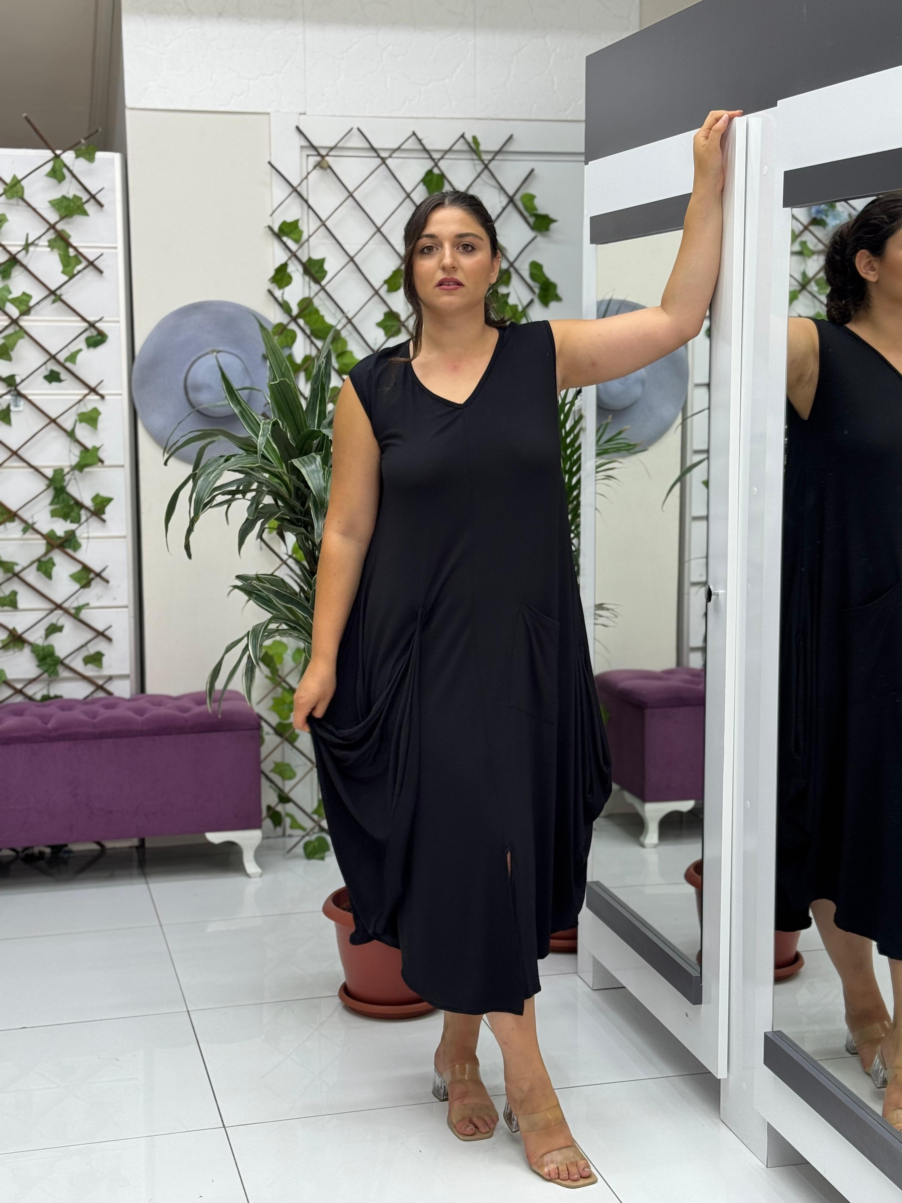 TS1004 Yırtmaçlı Kolsuz Turlu Viskon Elbise Siyah