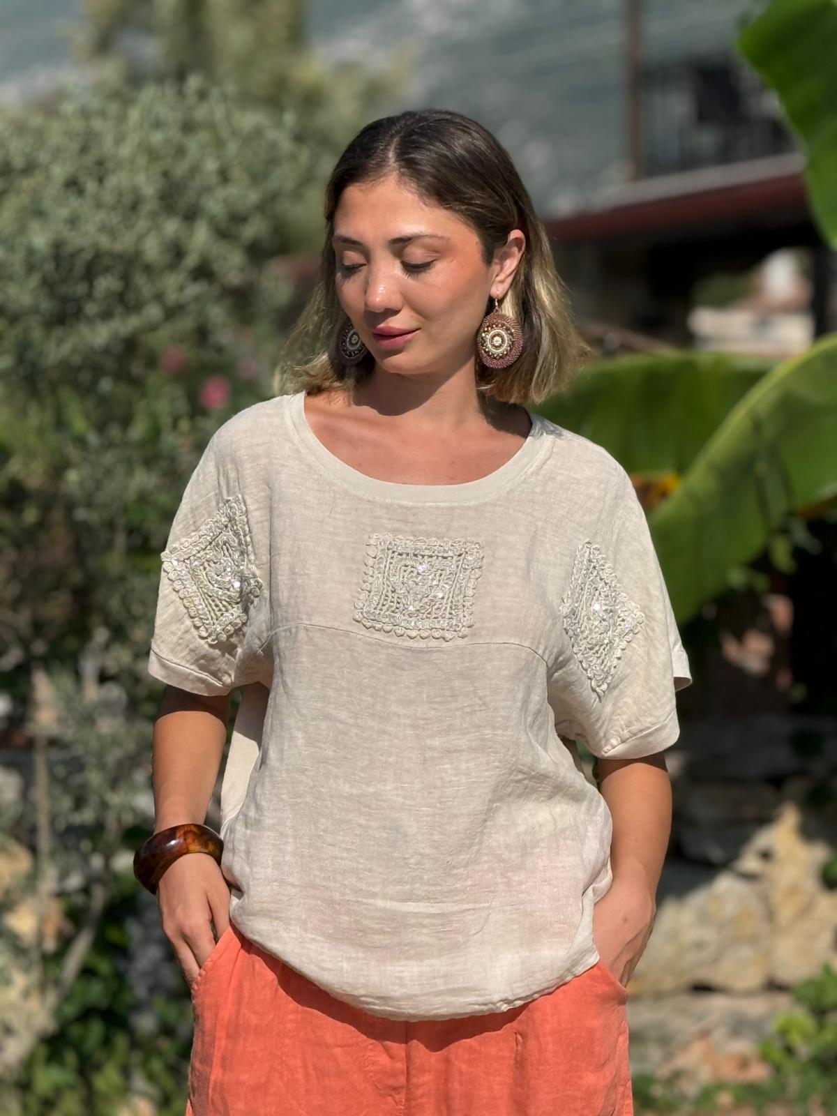 NC61130 İtalyan Sırt File Güpürlü Keten Bluz Krem