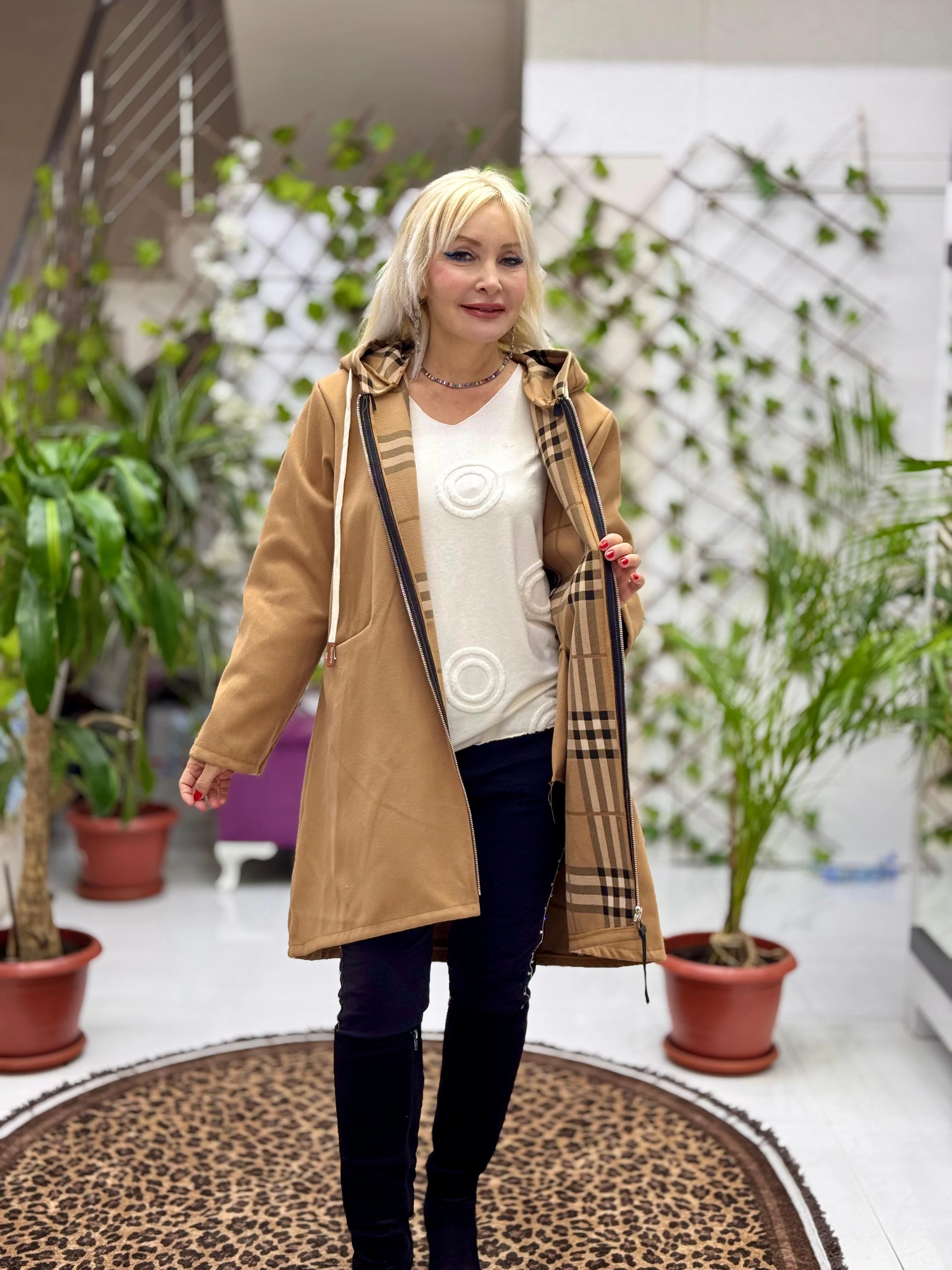 YG12589 Ekoseli Kapişonlu İtalyan Kaşe Kaban Camel