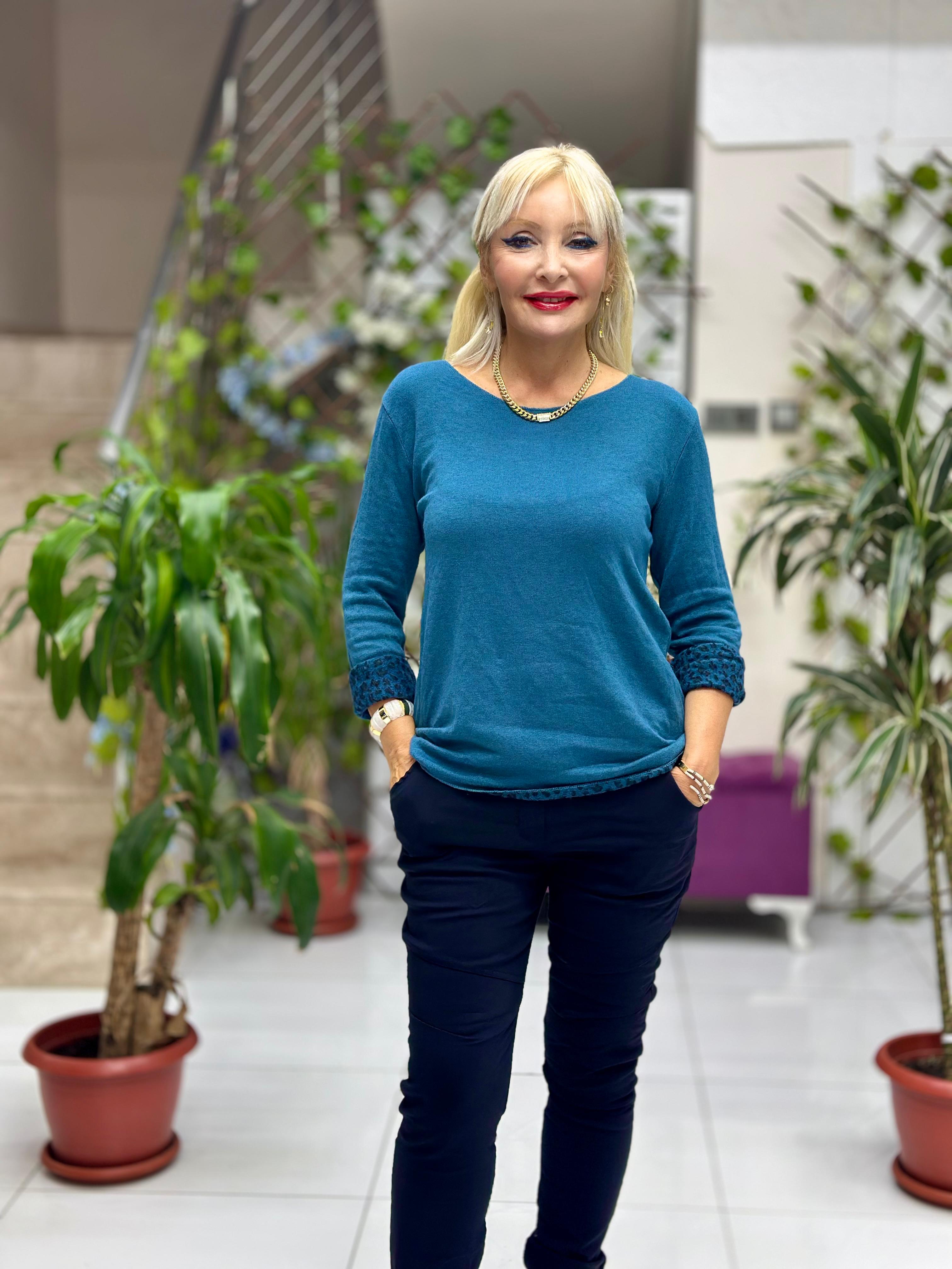 NC218181 İçi Leoparlı Yuvarlak Yaka Triko Büyük Kalıp Bluz Petrol Mavisi