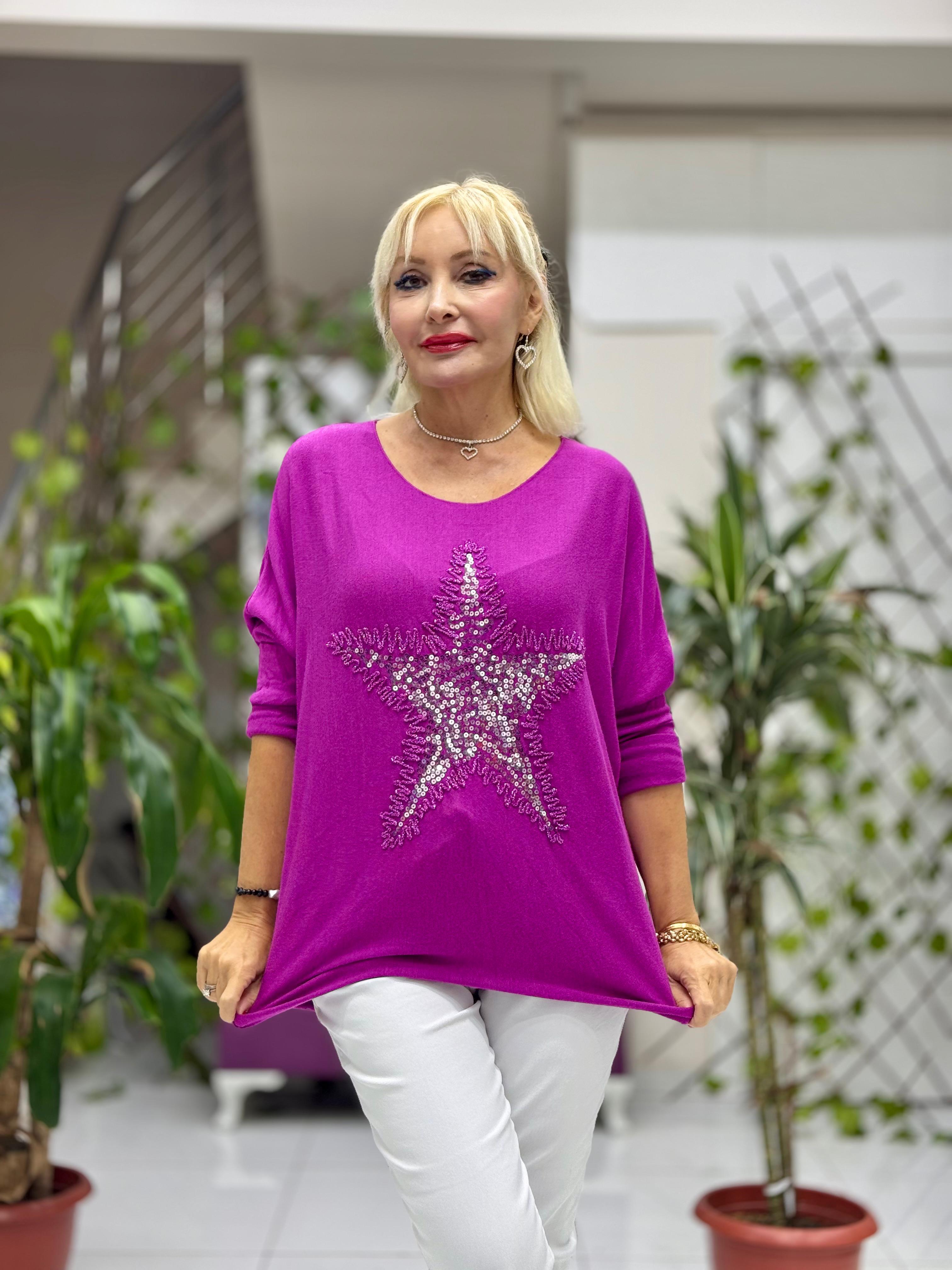 NC1778 İtalyan Yıldız desen Pulpayetli Bluz Eflatun
