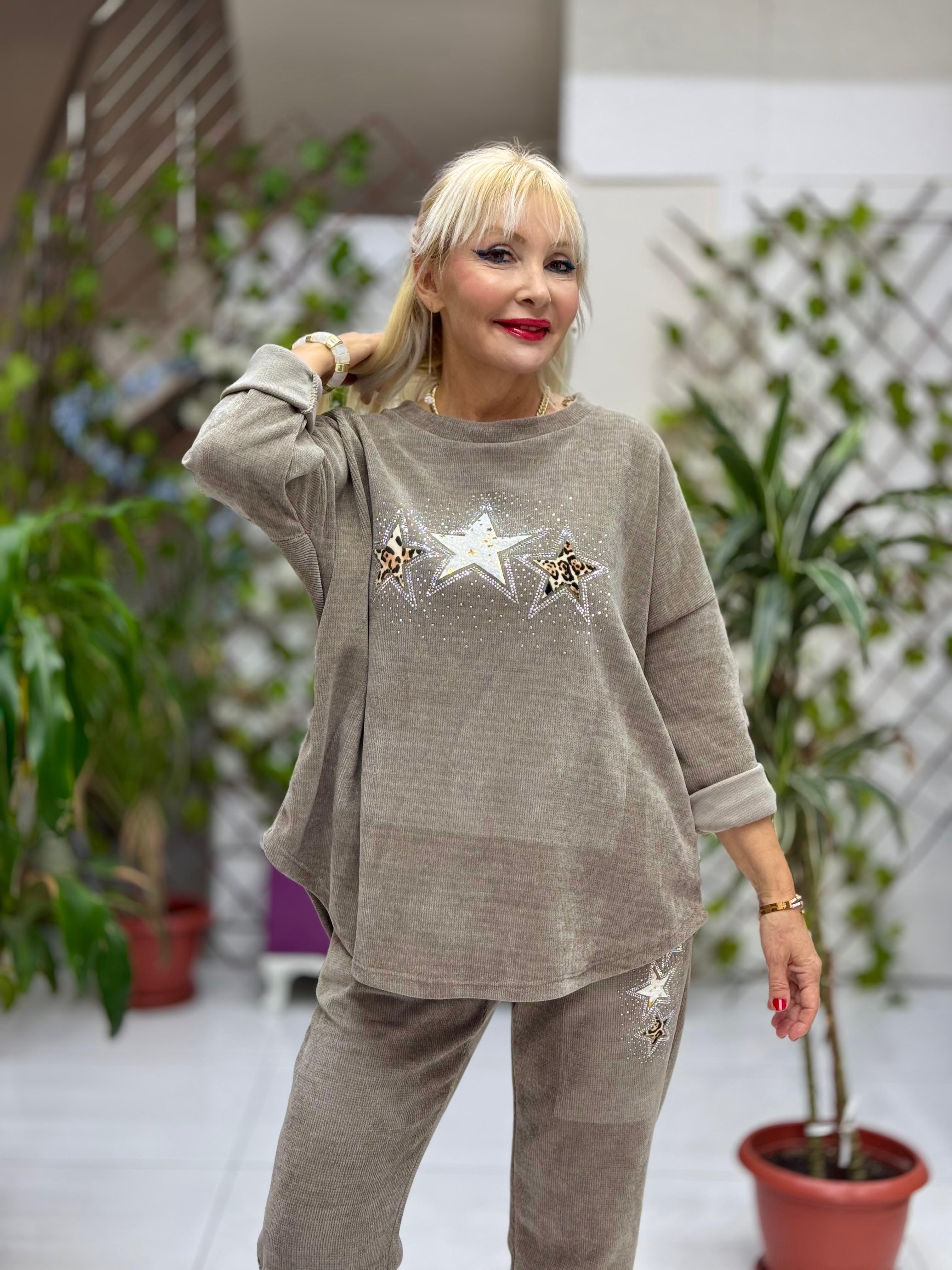 NC23081 Yıldız Desenli Taşlı İtalyan Kadife Takım Vizon