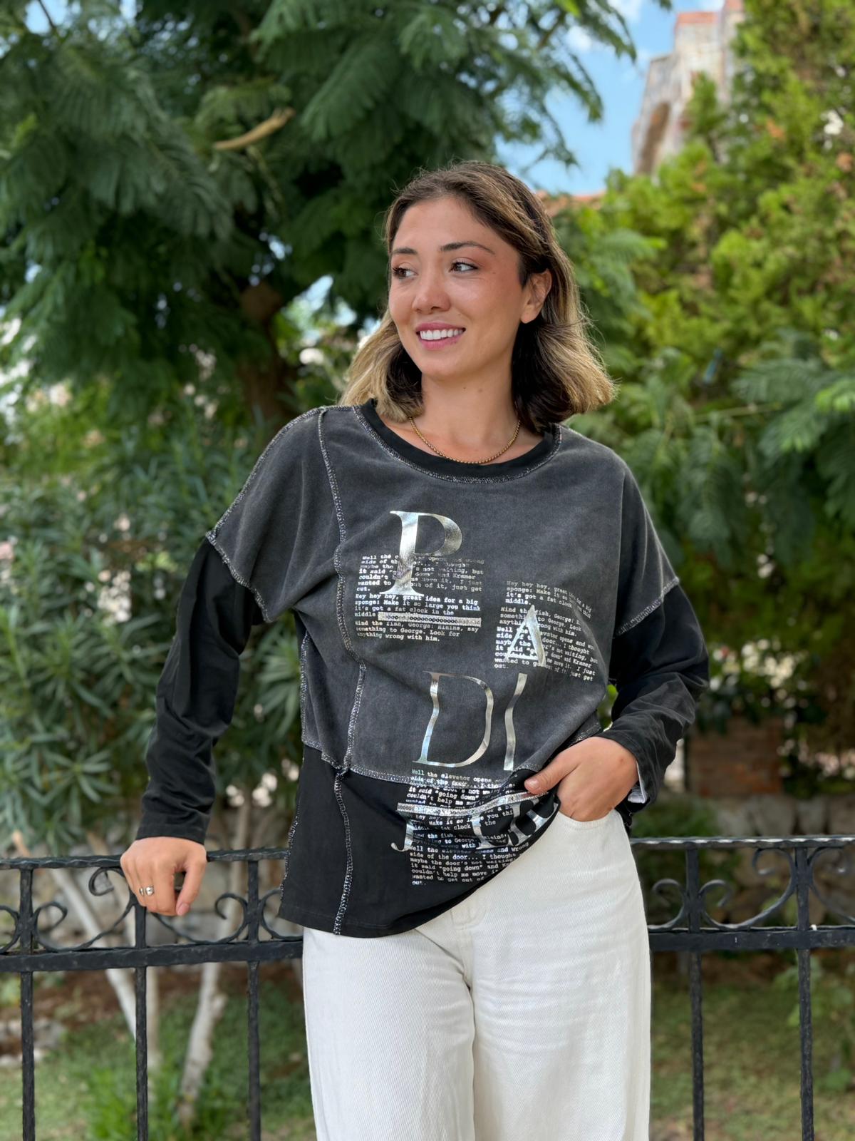 NC8533 İtalyan PADİ Yazılı Coton Sweatshirt Füme