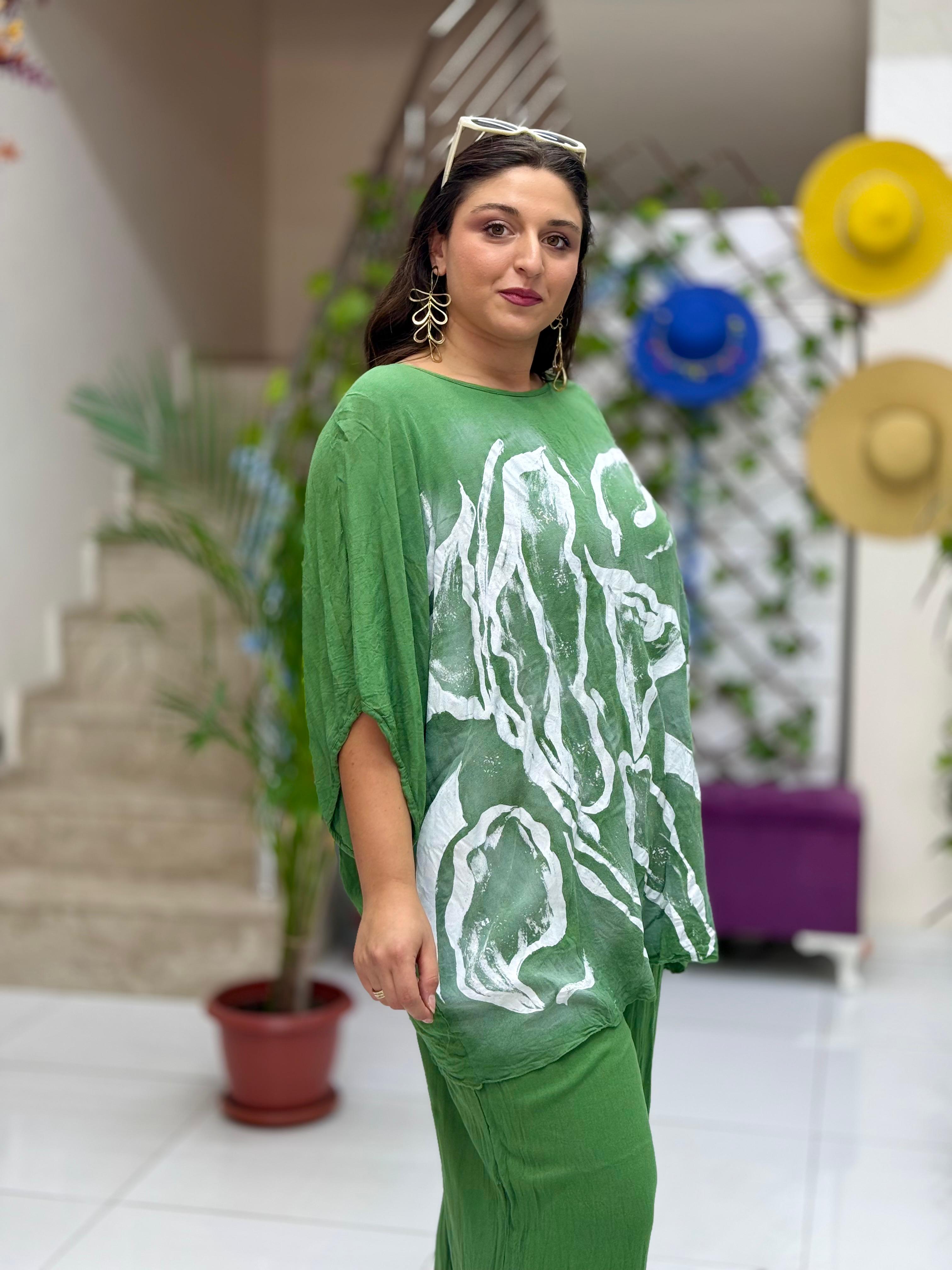 VL3009 Yarasa Kol Baskılı Vual Bluz Haki