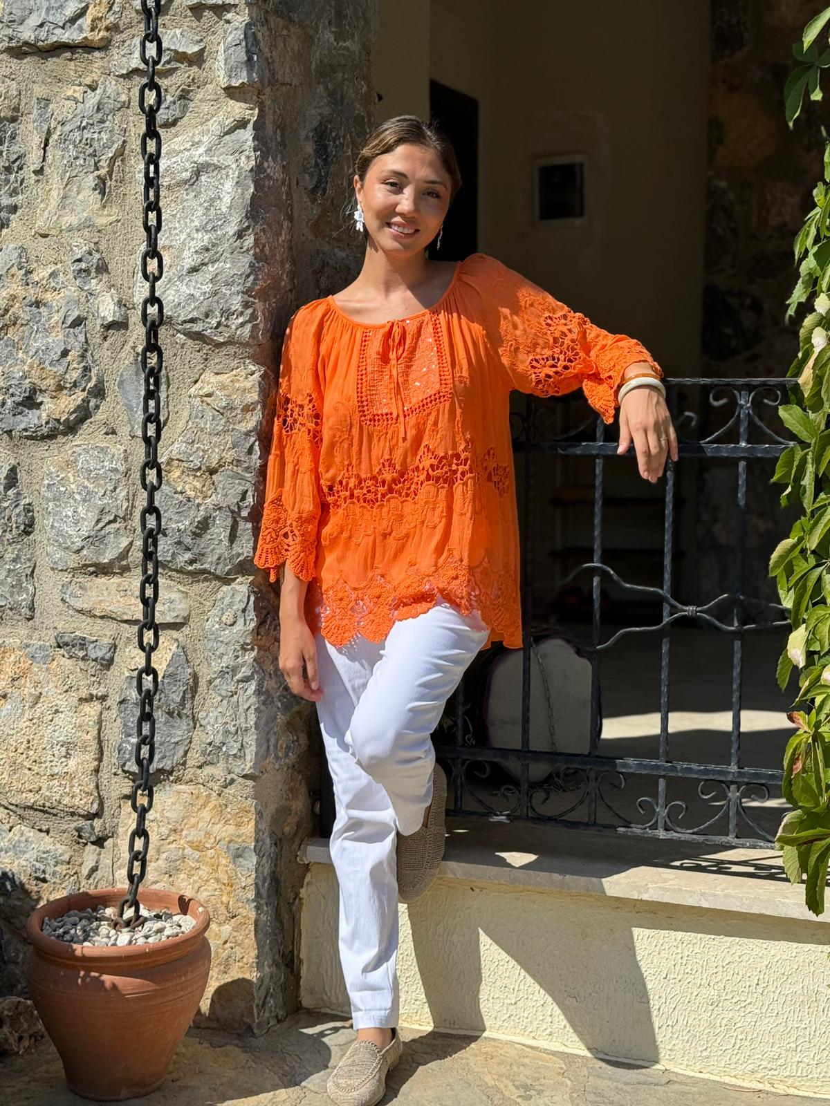 NC20428 İtalyan Klasik İpek Bluz Oranj