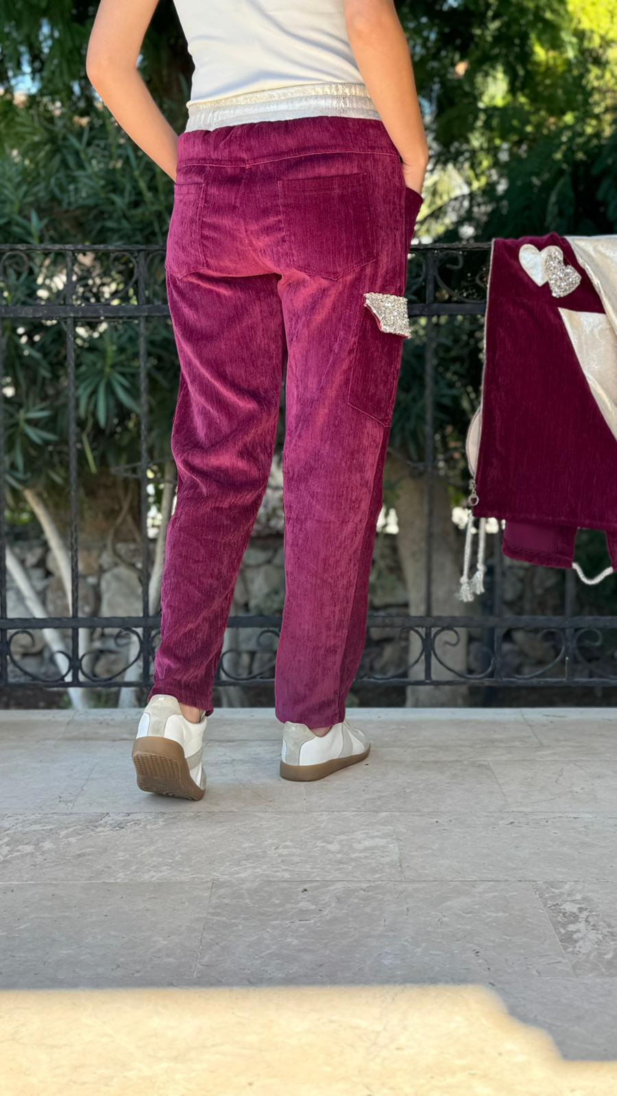 LS13220 İtalyan Cebi Taşlı Kadife Pantolon Vişne