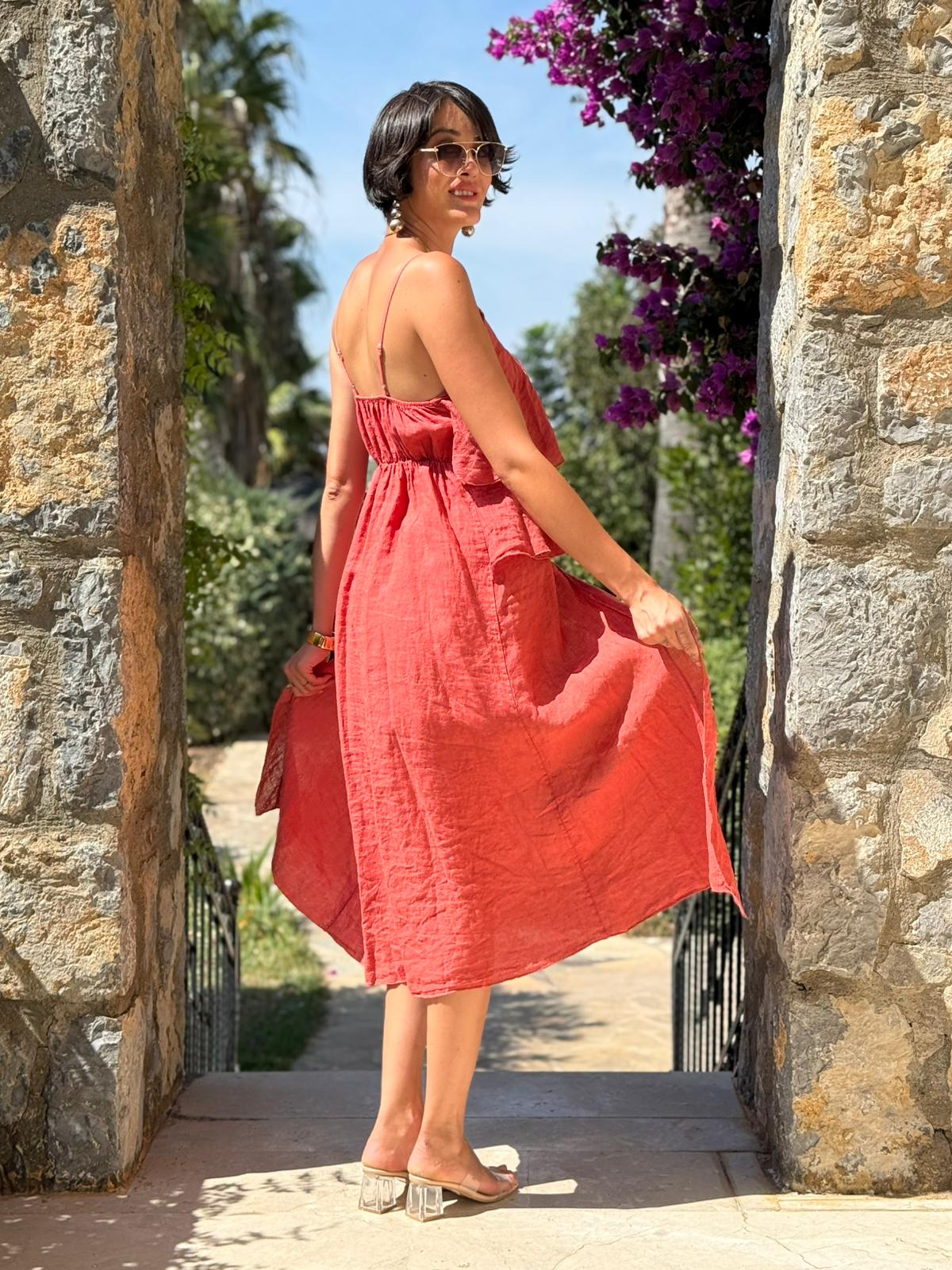 NC13179 İtalyan Keten Şortlu Takım Kiremit