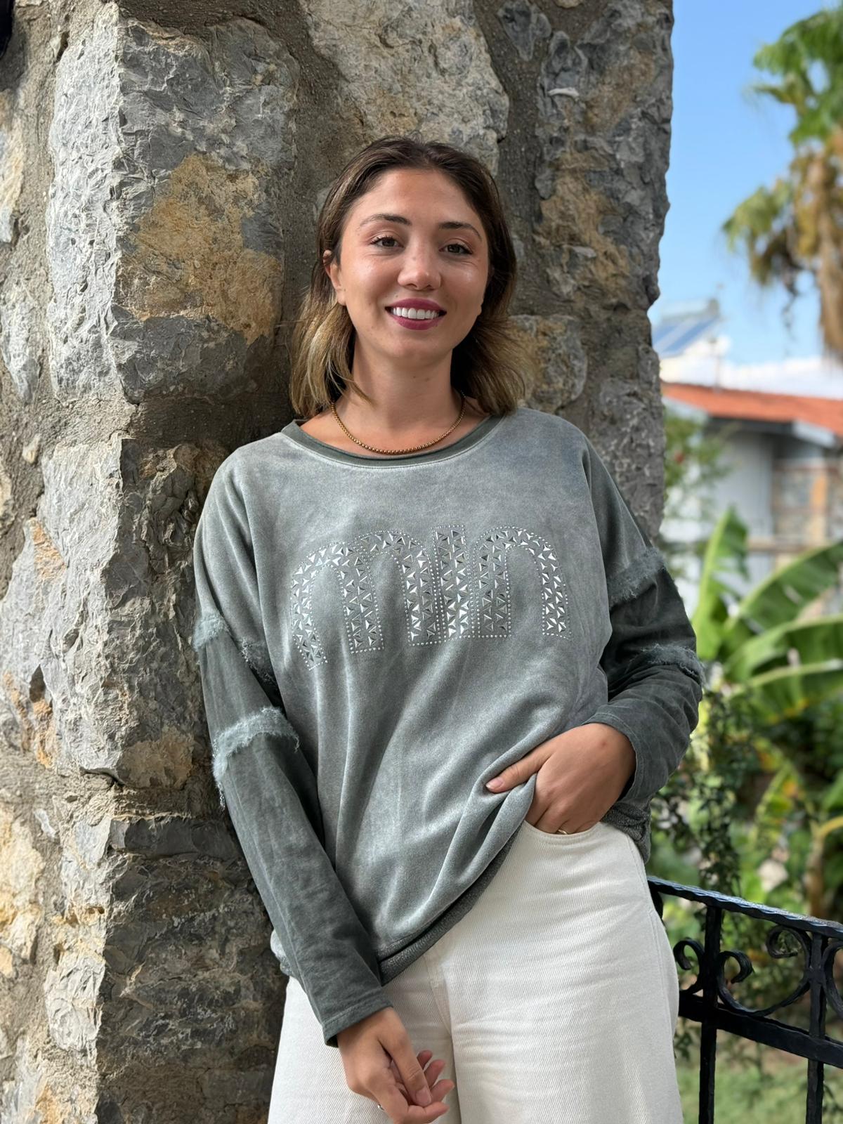 NC53659C İtalyan MIN Taşlı Coton Sweatshirt Haki