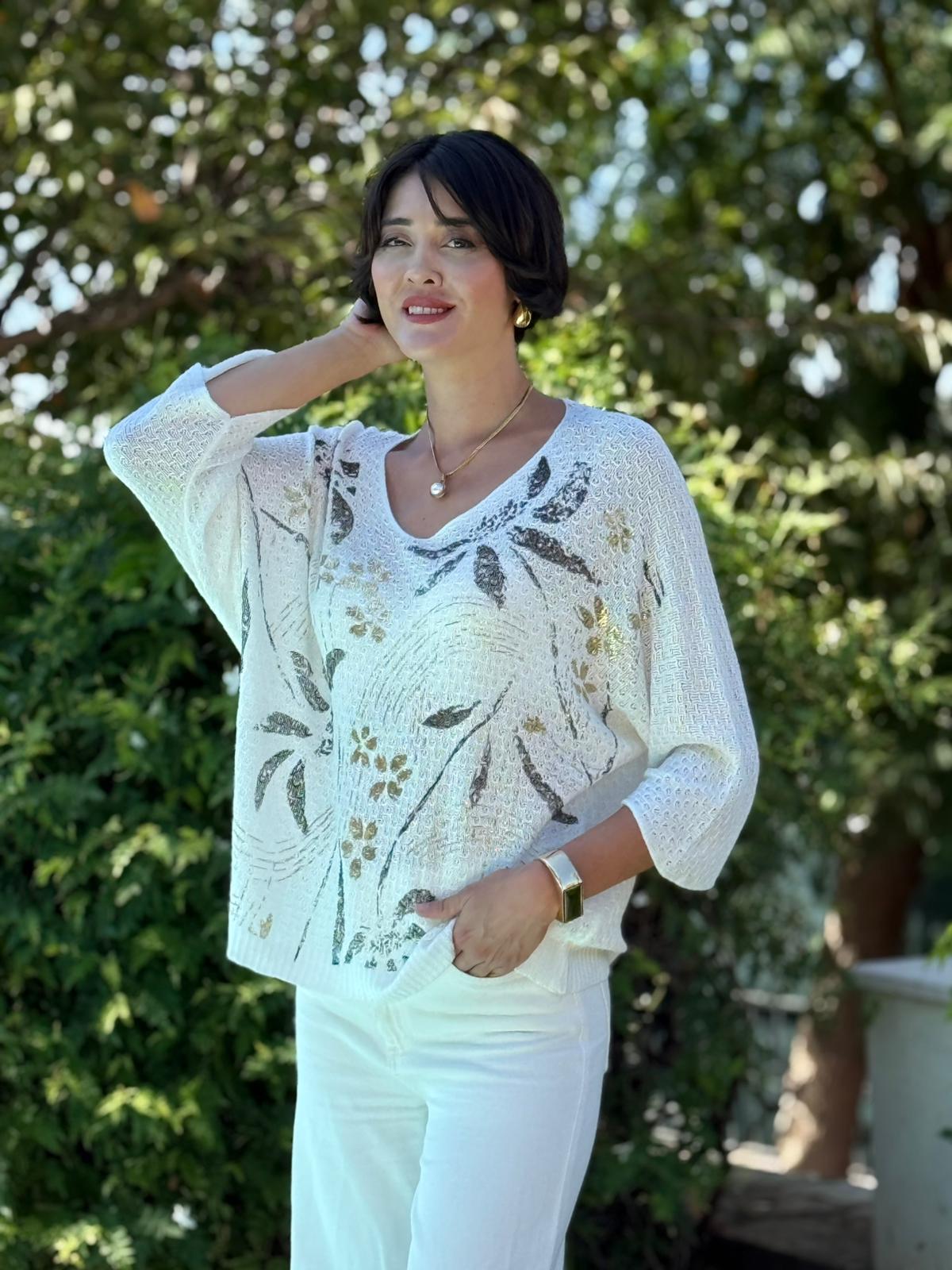 LS7514 İtalyan Yaprak Desen Triko Bluz Beyaz