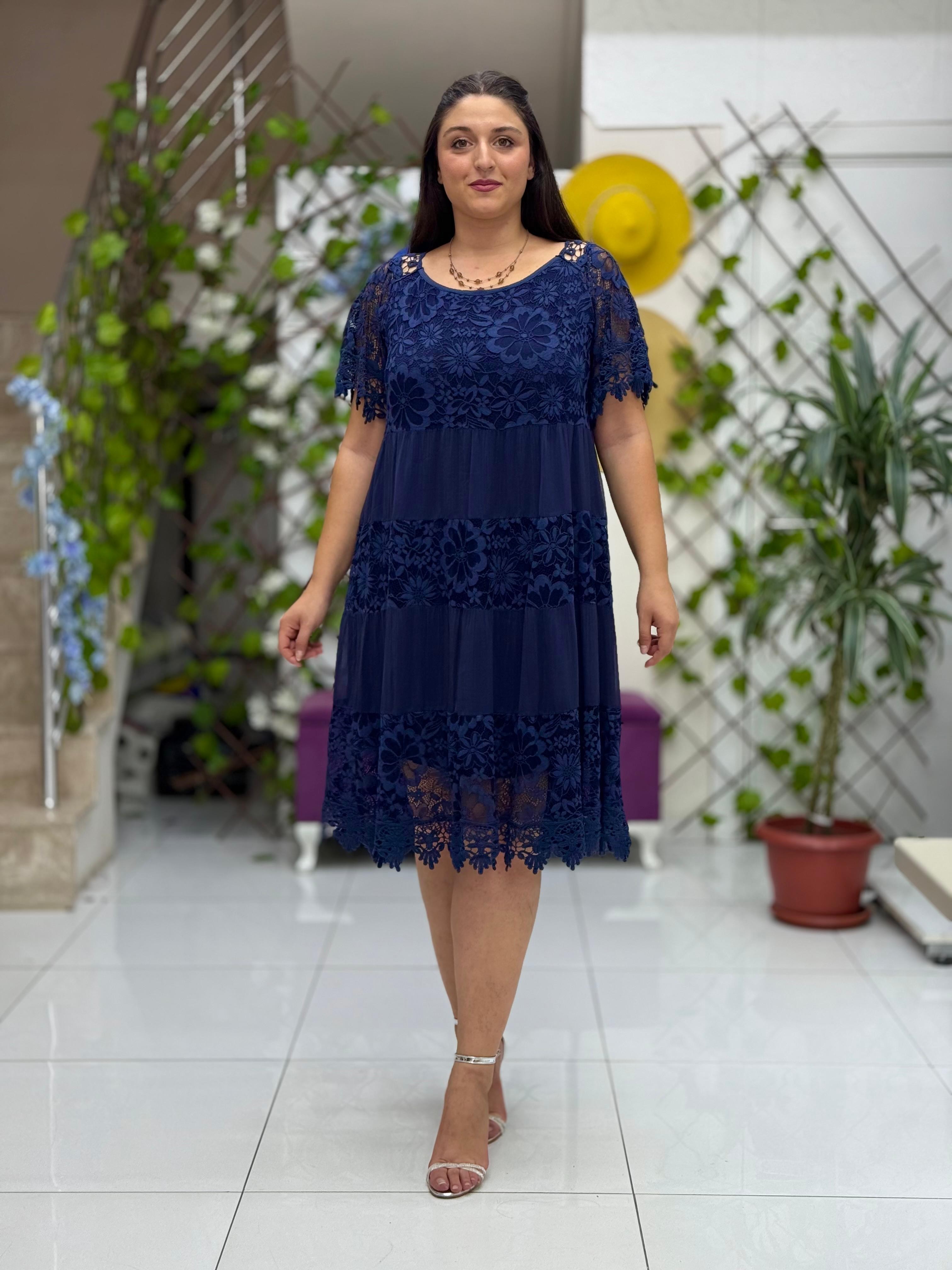N10337 İtalyan İpek Elbise Lacivert
