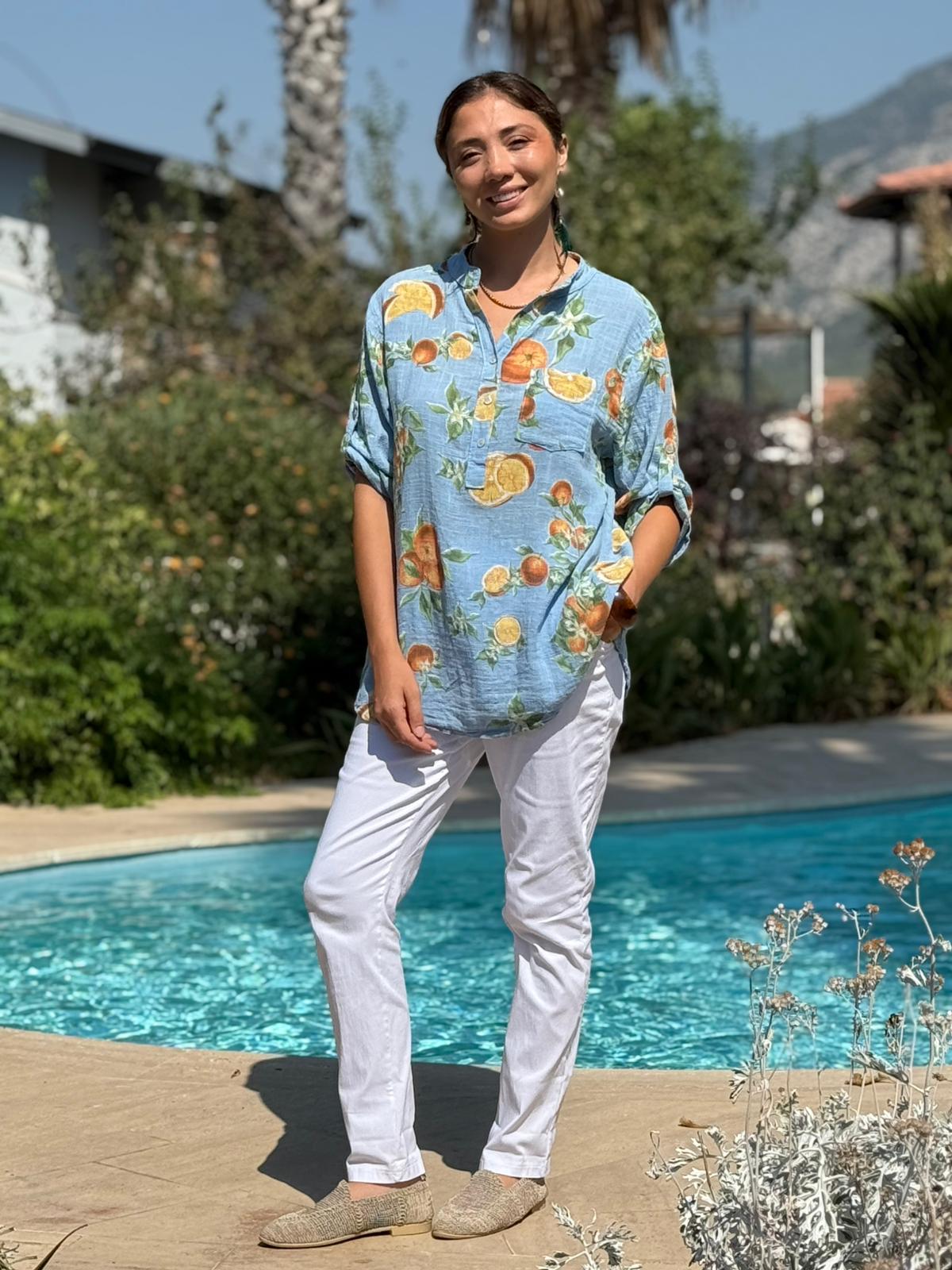 NC154553 İtalyan Pamuk Keten Bluz Mavi