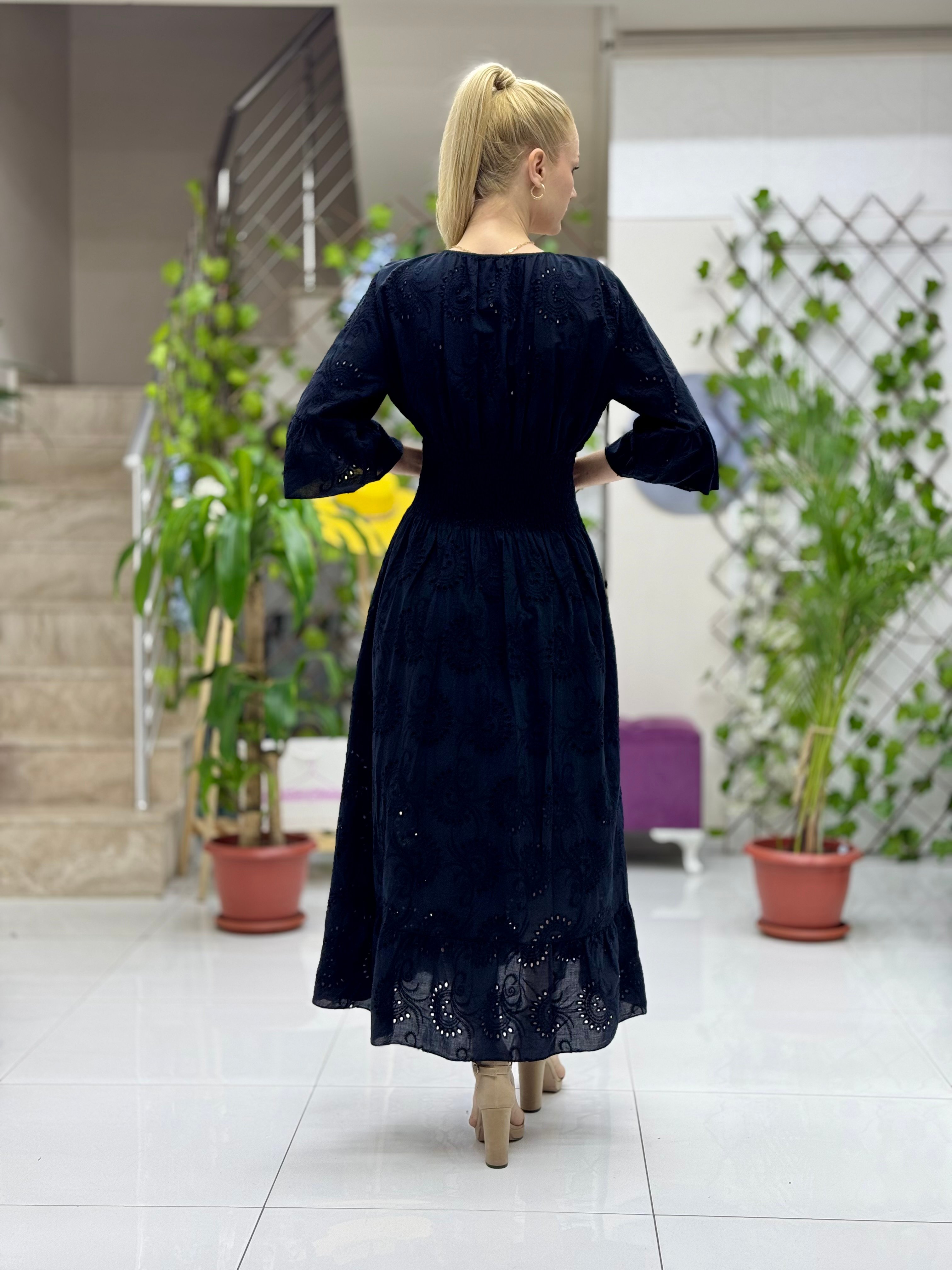 YG2050 İtalyan Brodeli Beli Lastikli Elbise Siyah