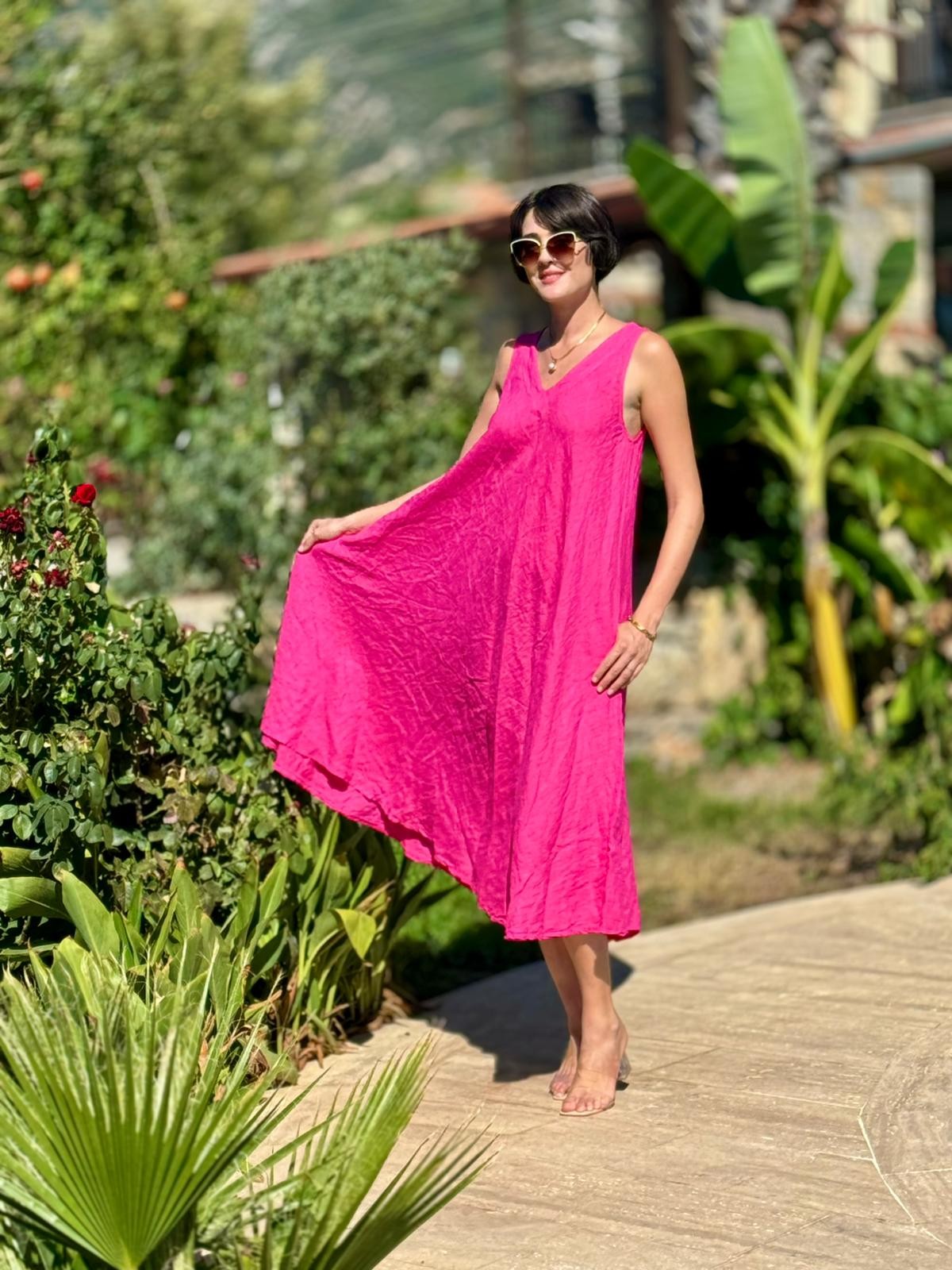 NC14916 İtalyan Kolsuz Keten Elbise Pembe