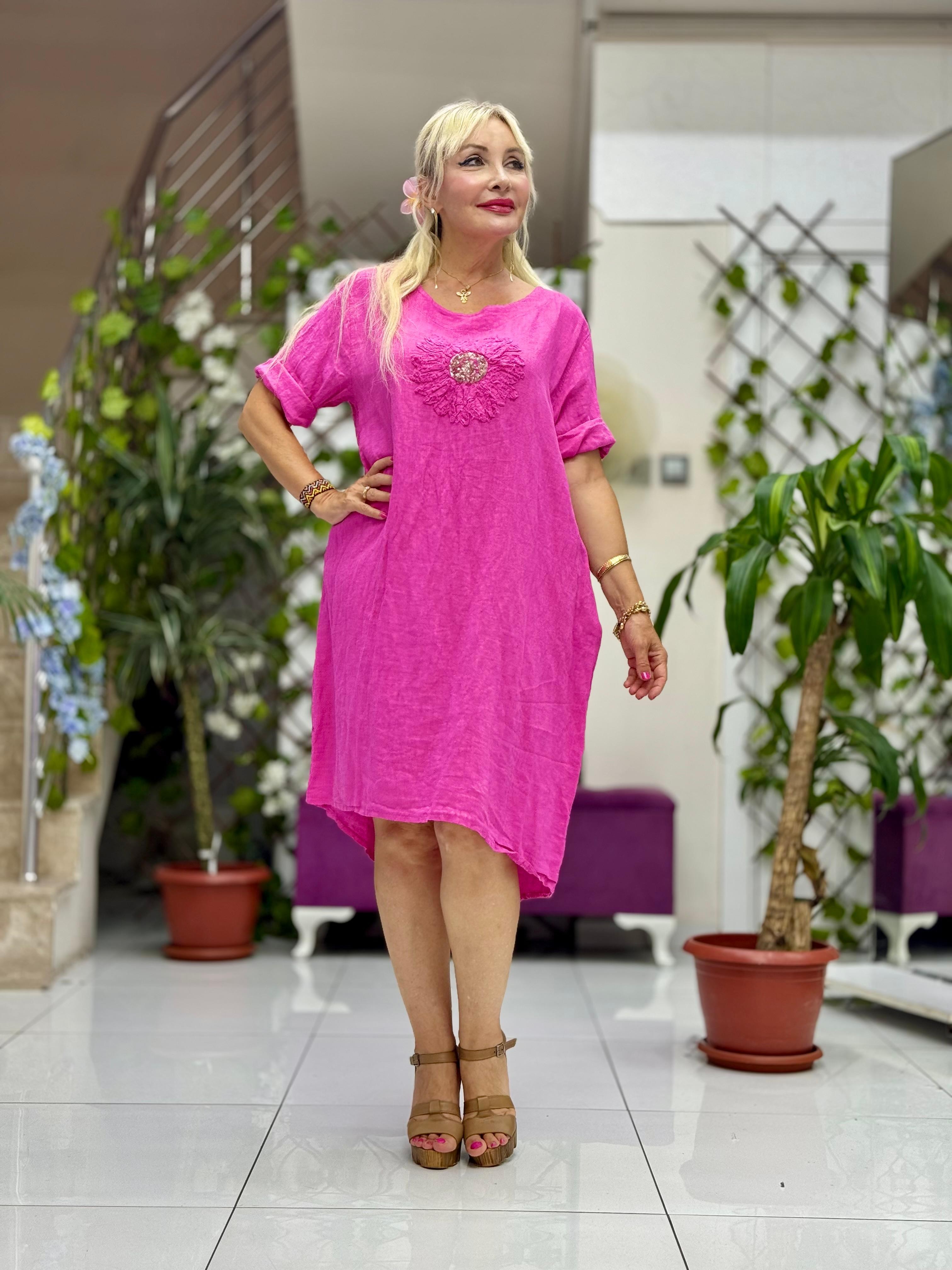 NC9015 İtalyan Çiçekli Yarım Kol Keten Elbise Pembe