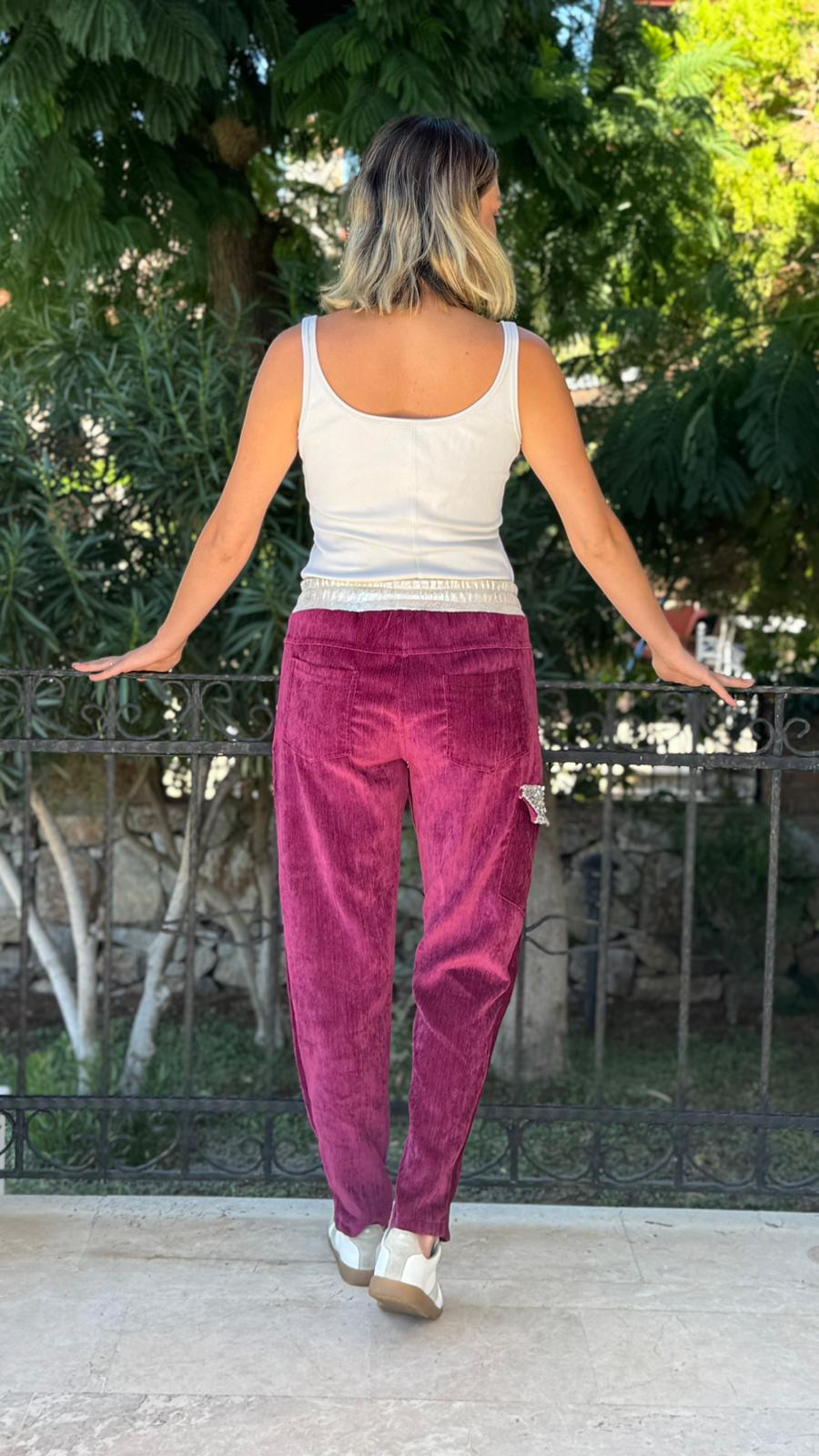 LS13220 İtalyan Cebi Taşlı Kadife Pantolon Vişne