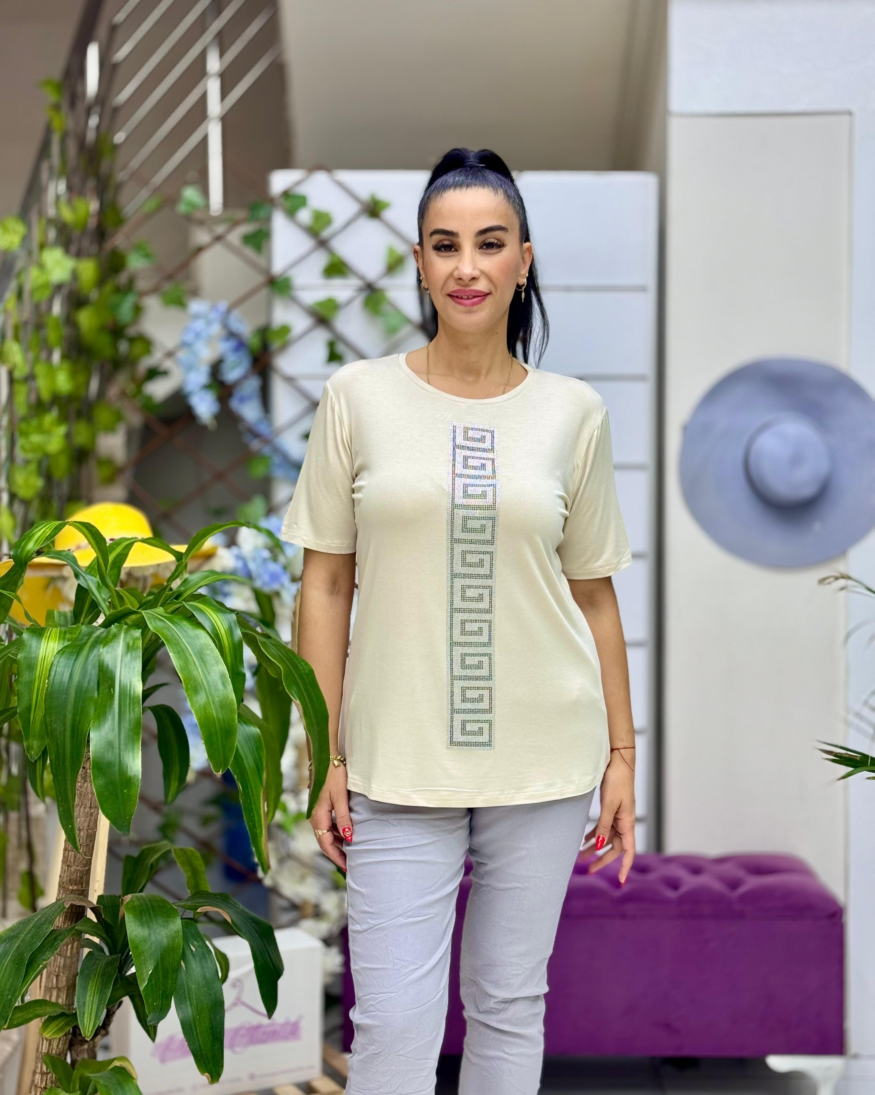 MS4222 Şerit Desenli  Penye Bluz Krem