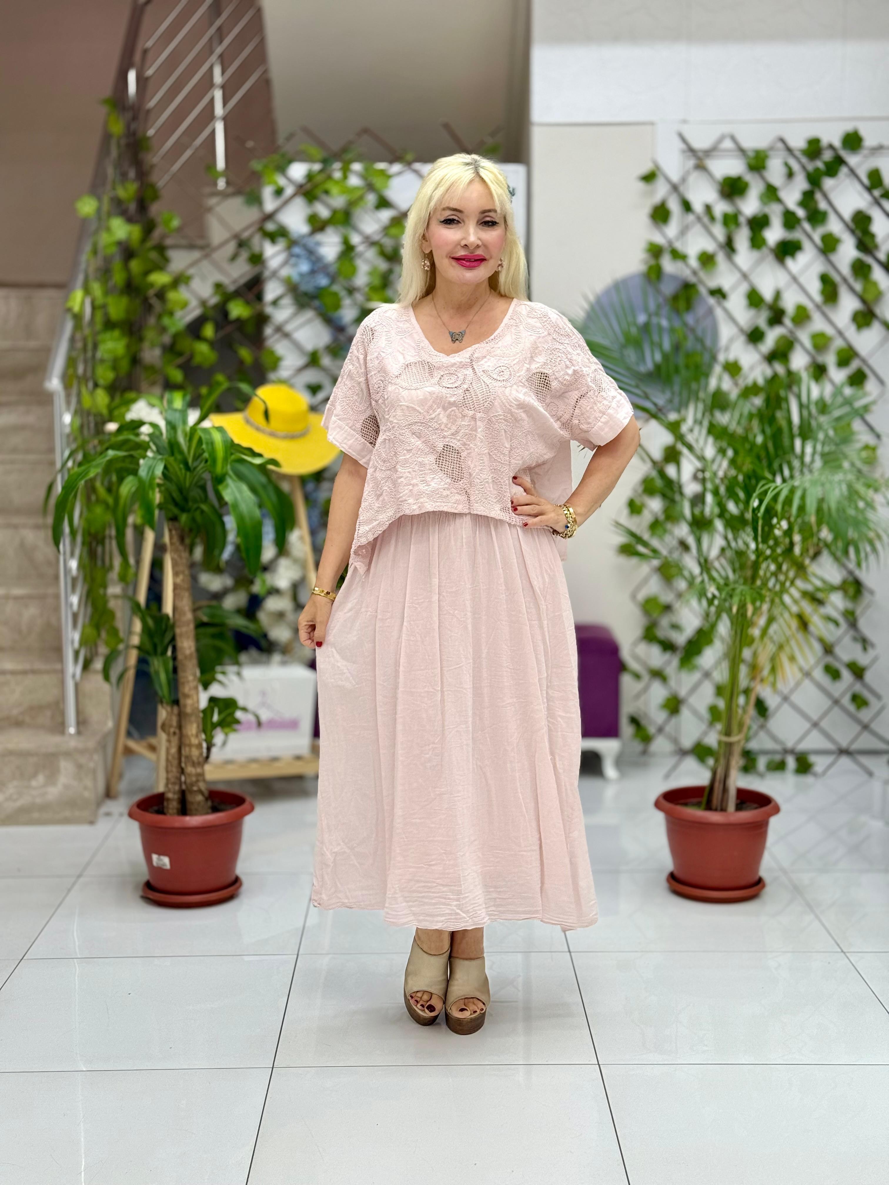 YG5291 İtalyan File Detay Coton Elbise Pudra