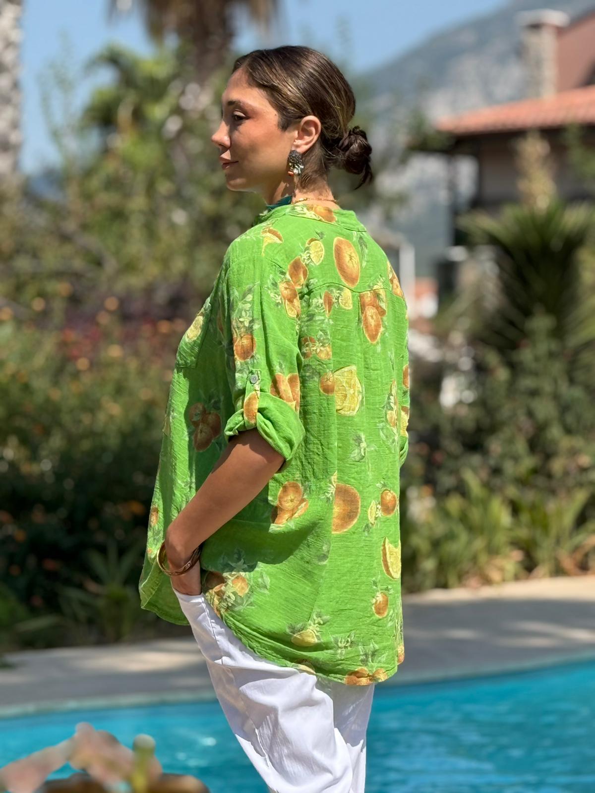 NC154553 İtalyan Pamuk Keten Bluz Yeşil