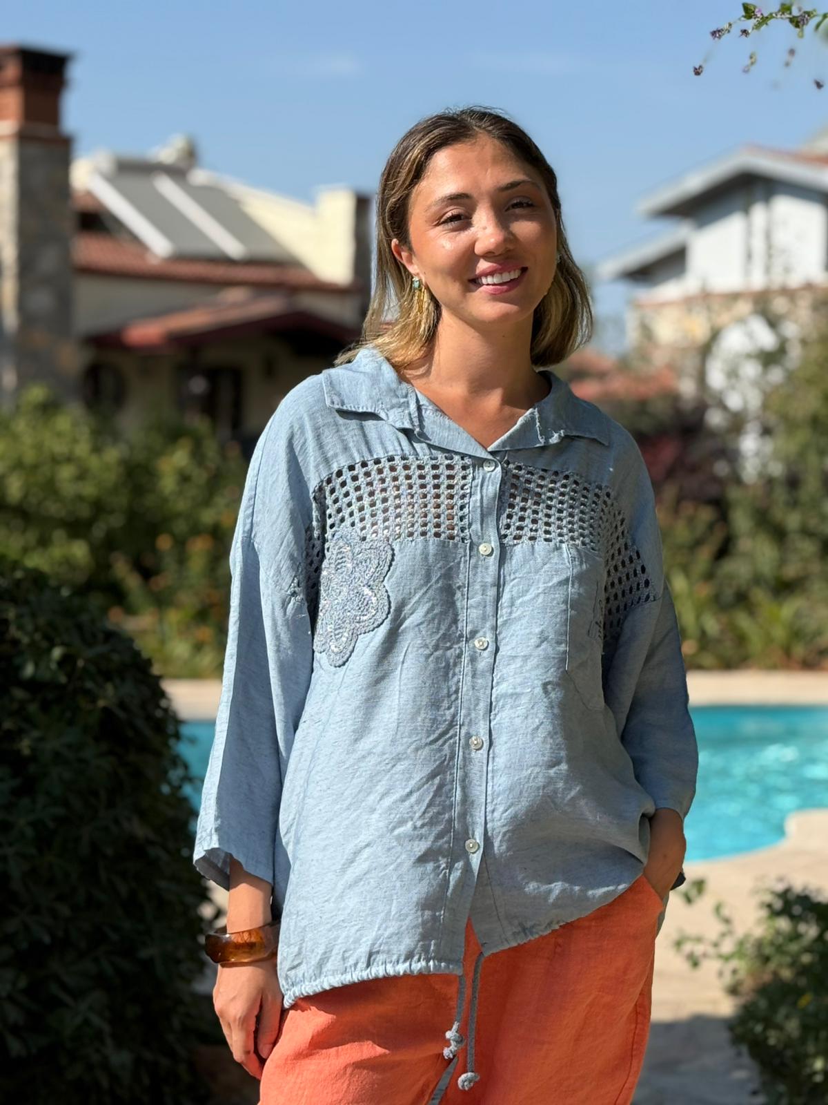 NC59028 Erkek Yaka Önü Fileli İtalyan Ham Keten Gömlek Mavi