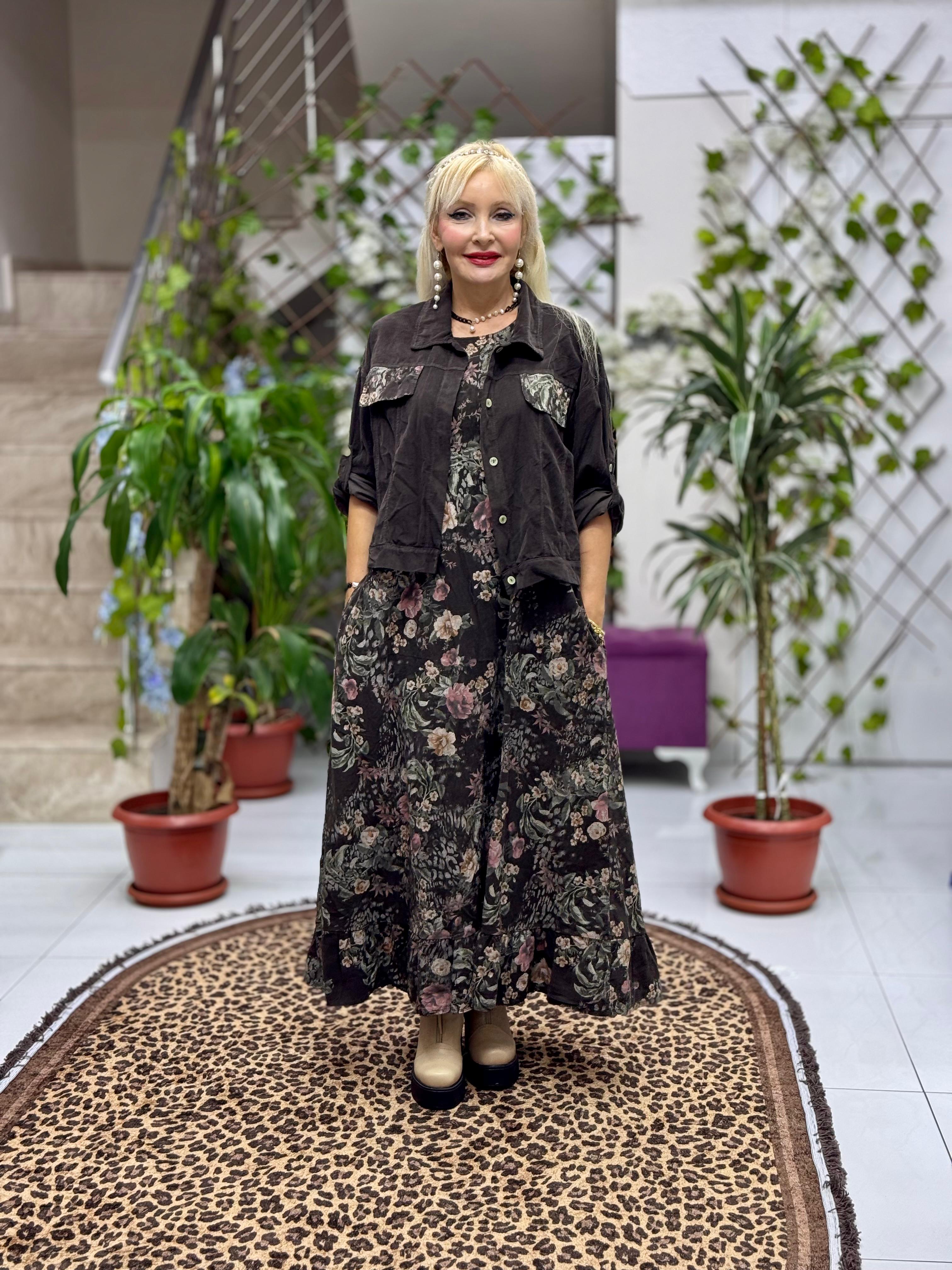 NC25001 İtalyan Kadife Çiçekli Elbise Ceket Takım Koyu Kahverengi