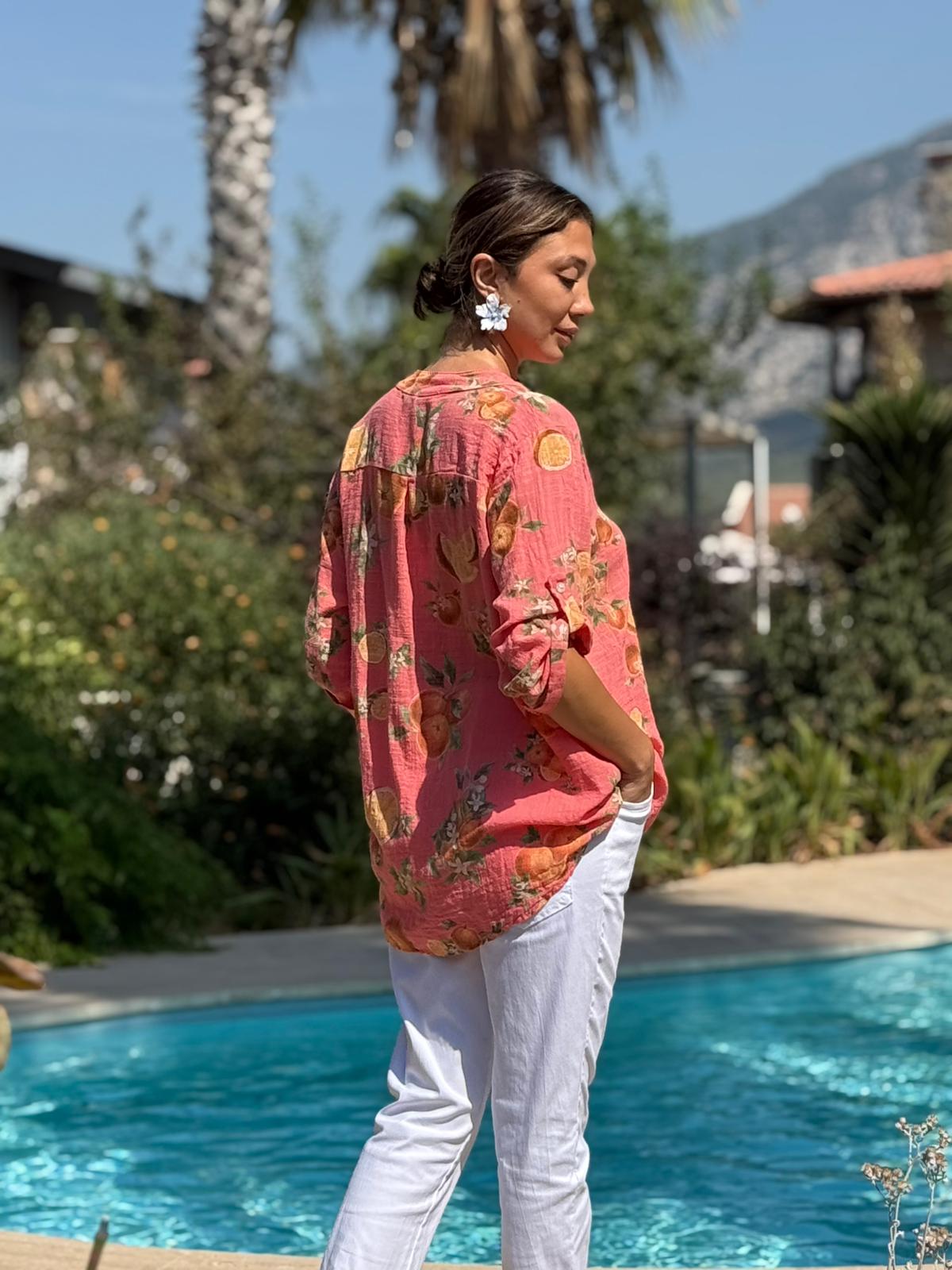 NC154553 İtalyan Pamuk Keten Bluz Mercan