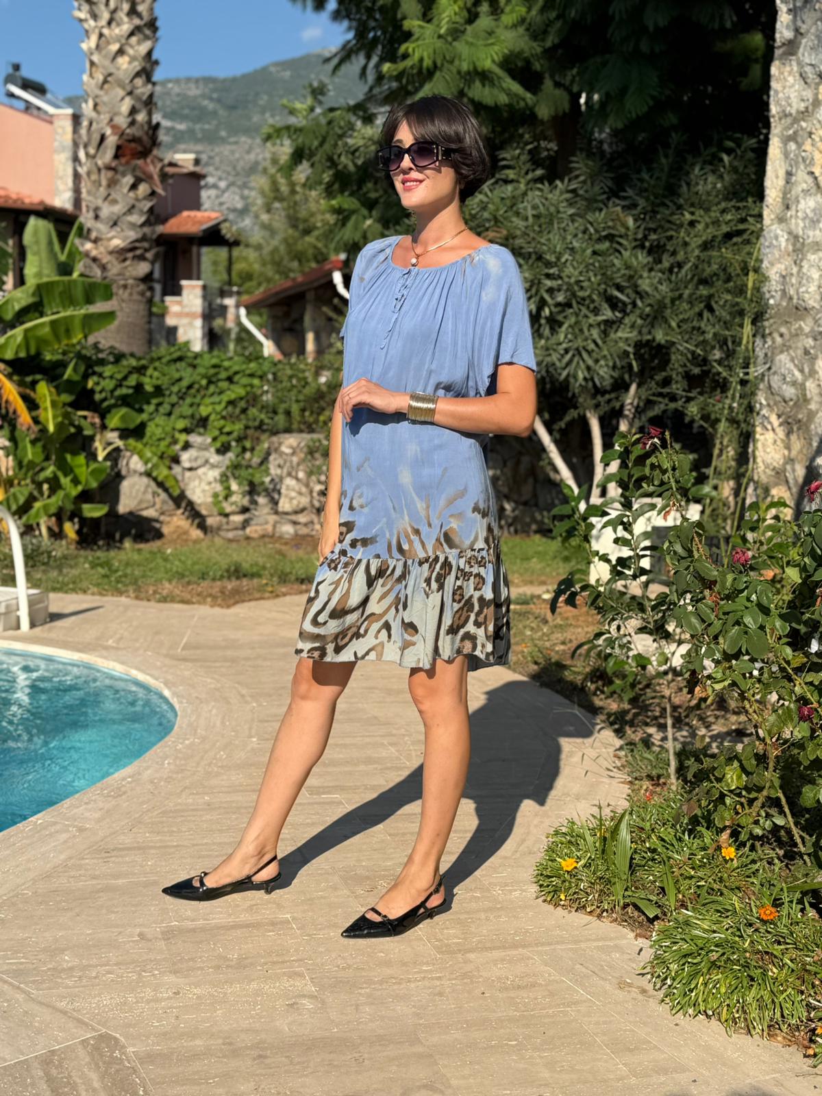 NC10526 İtalyan Yaka Lastikli Leoparlı Coton Elbise Mavi