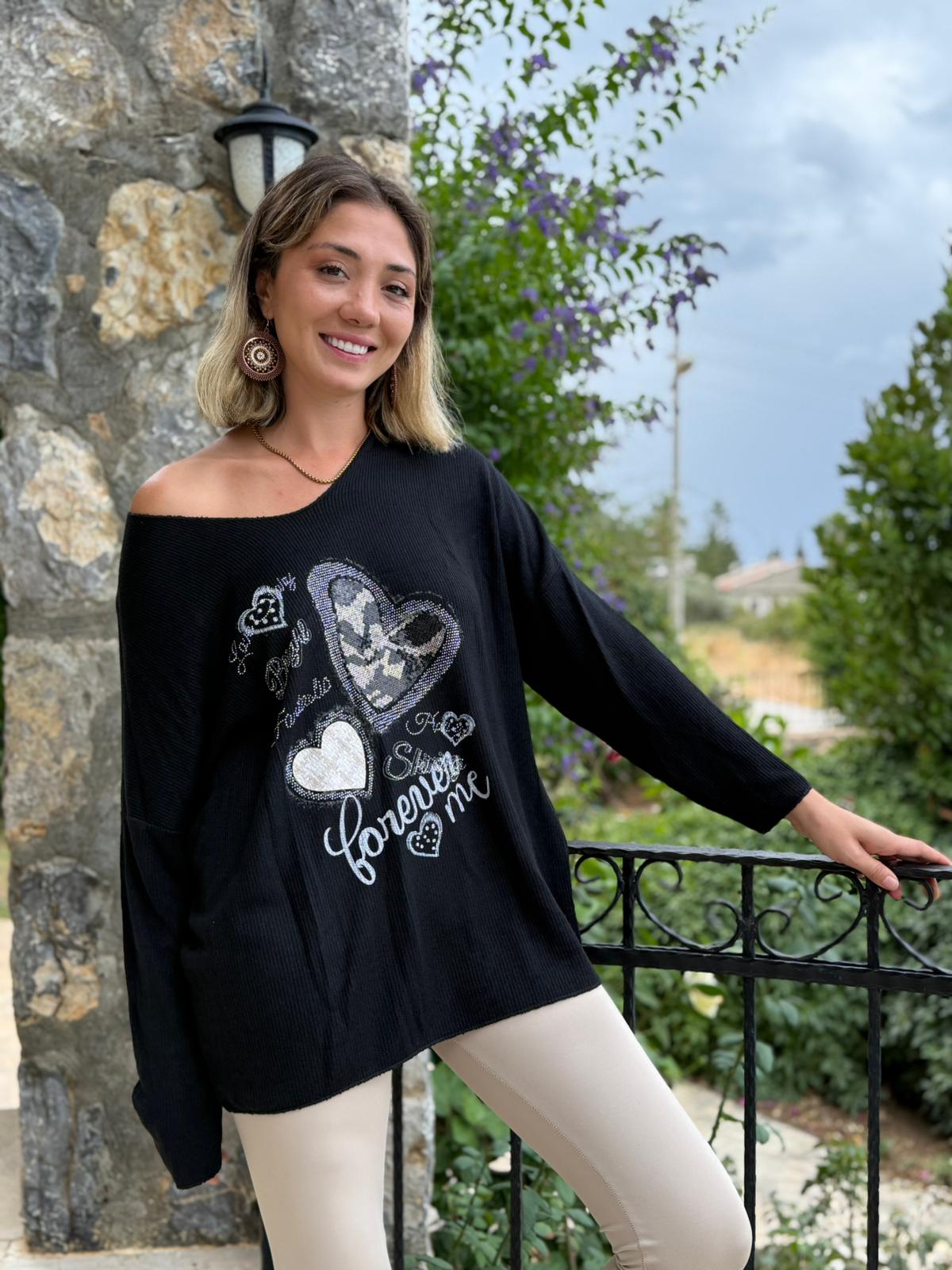 LS6211 İtalyan Kalp Desenli Triko Bluz Siyah