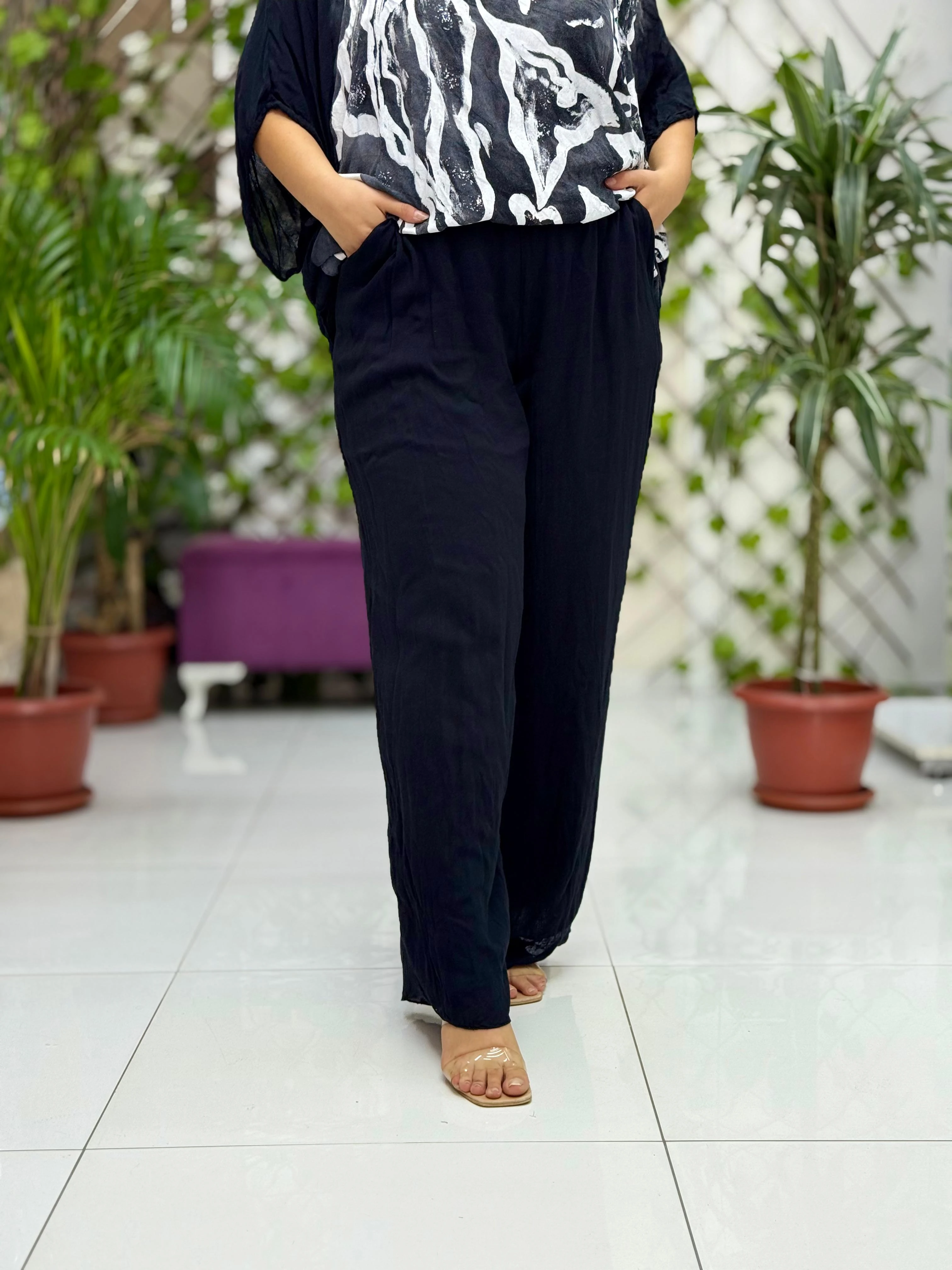 VL3159 %100 Vual Pamuk Bluz Pantolon Takım Siyah