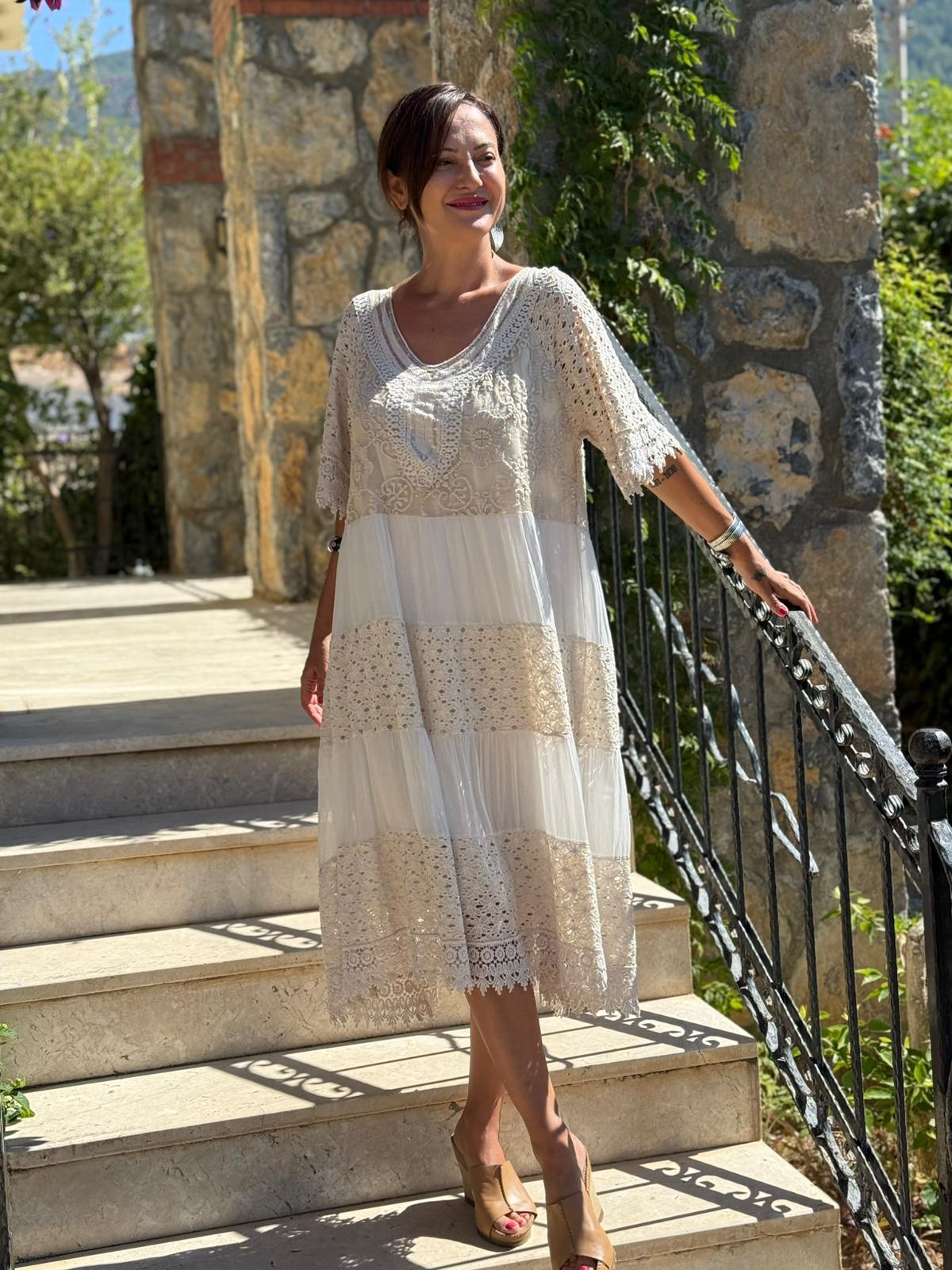 NC10938 İtalyan Pul Payetli Yarım Kol Midi İpek Elbise Bej