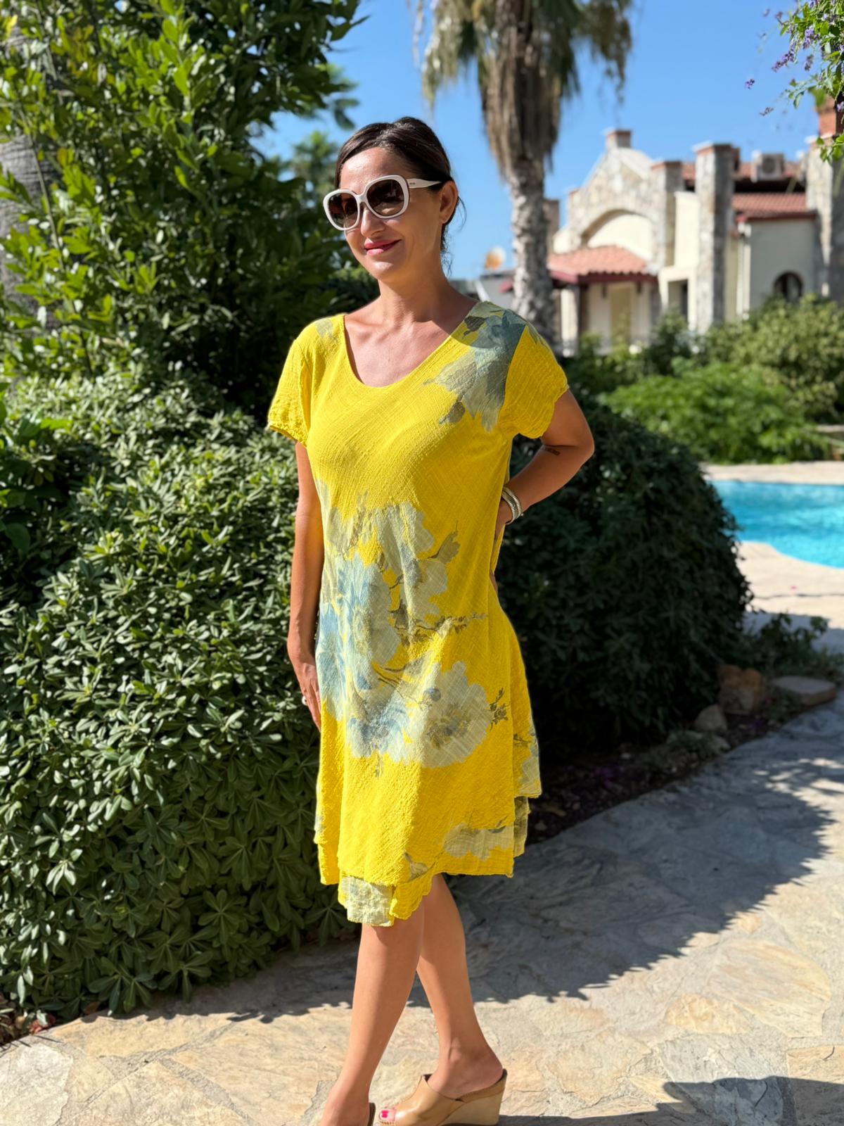 NC50121 İtalyan Kısa Kol Pamuk Keten Elbise Sarı