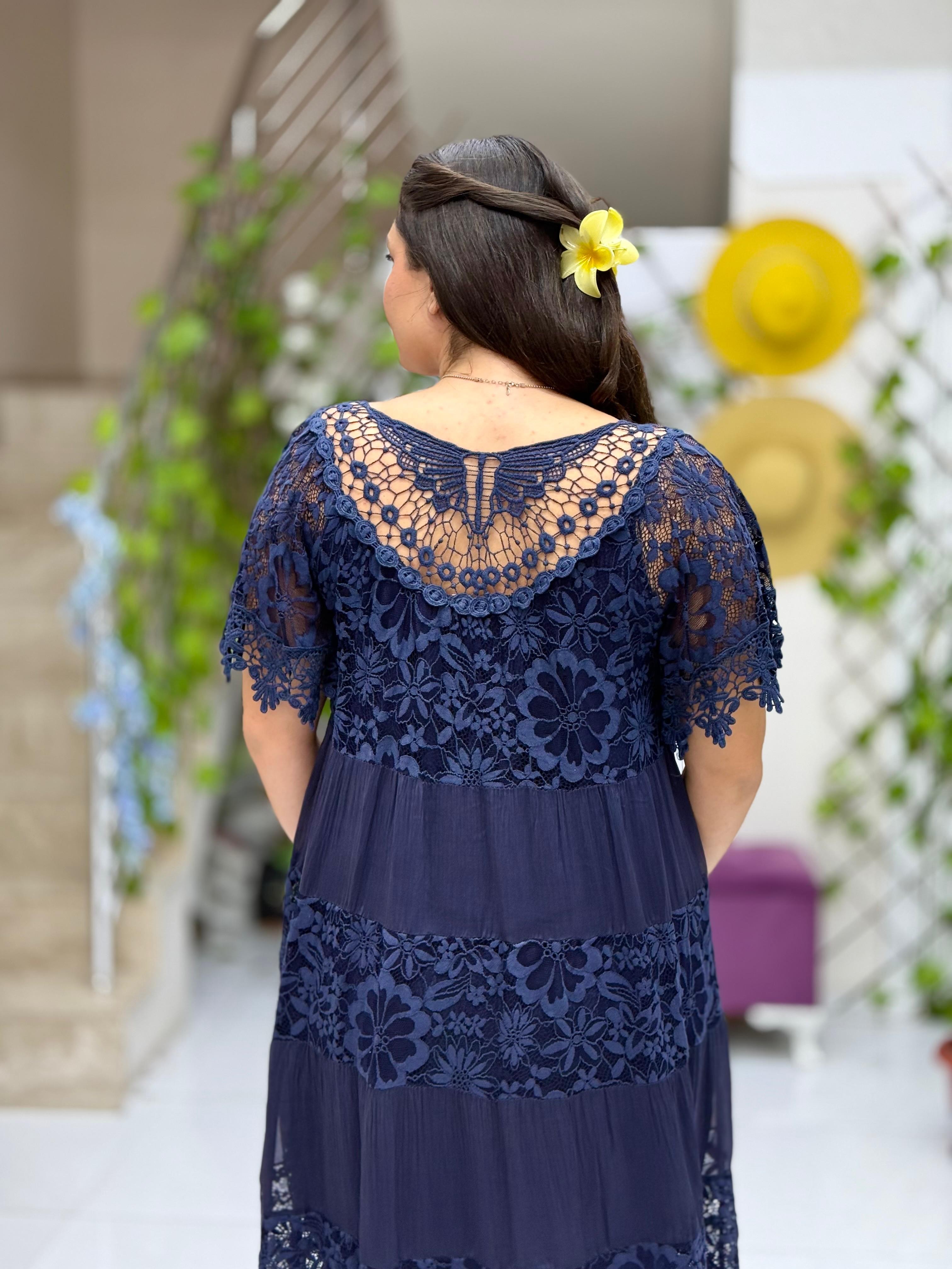 N10337 İtalyan İpek Elbise Lacivert
