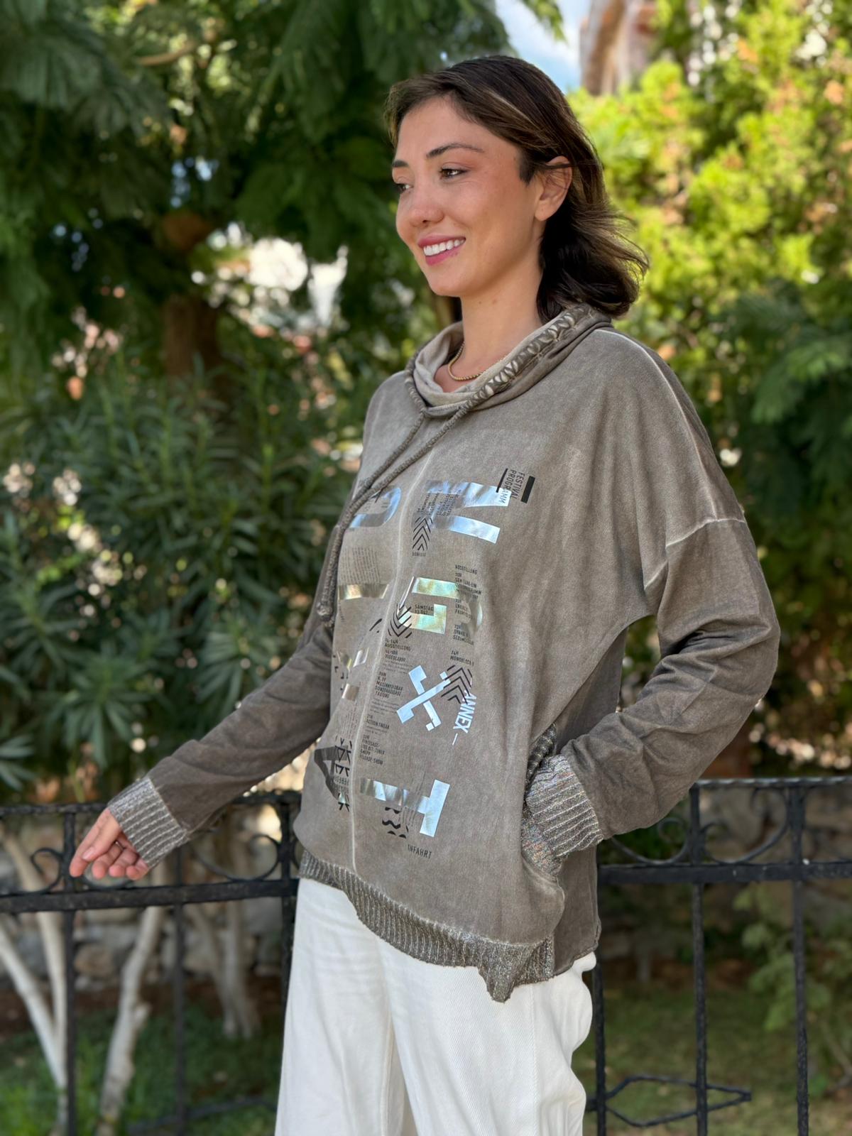 NC53050D İtalyan Yazı Baskılı Cepli Kapüşonlu Coton Sweatshirt Vizon