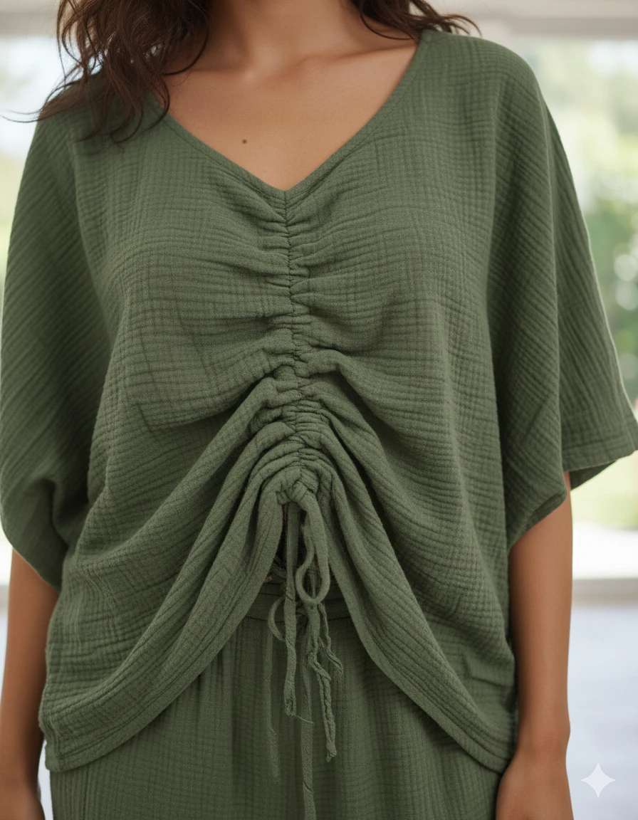 AY23766 Önü Büzgülü Pantolonu Yırtmaçlı Müslin Takım Haki