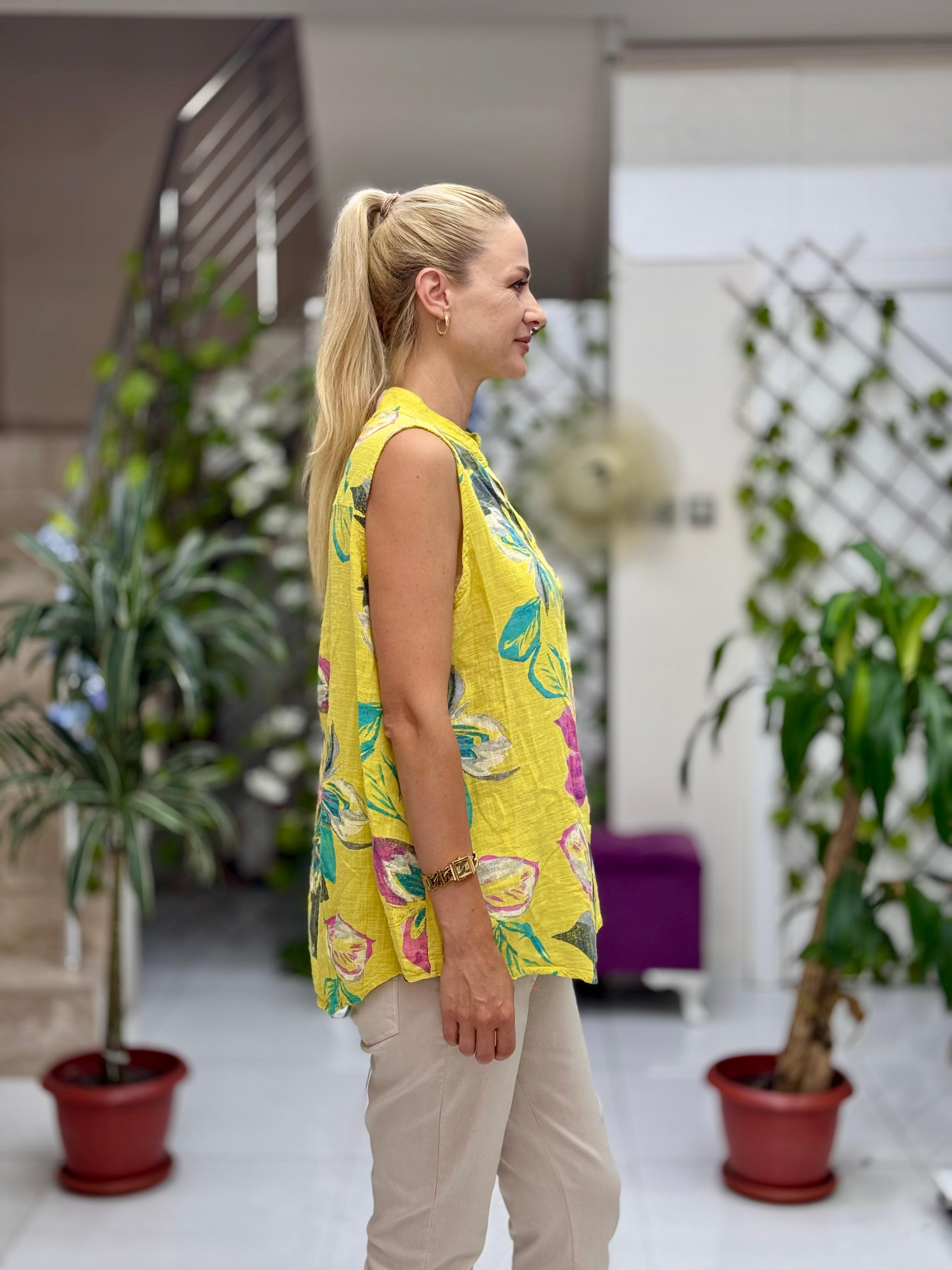 LS8819B Kolsuz Pamukketen Cepli İtalyan Bluz Sarı