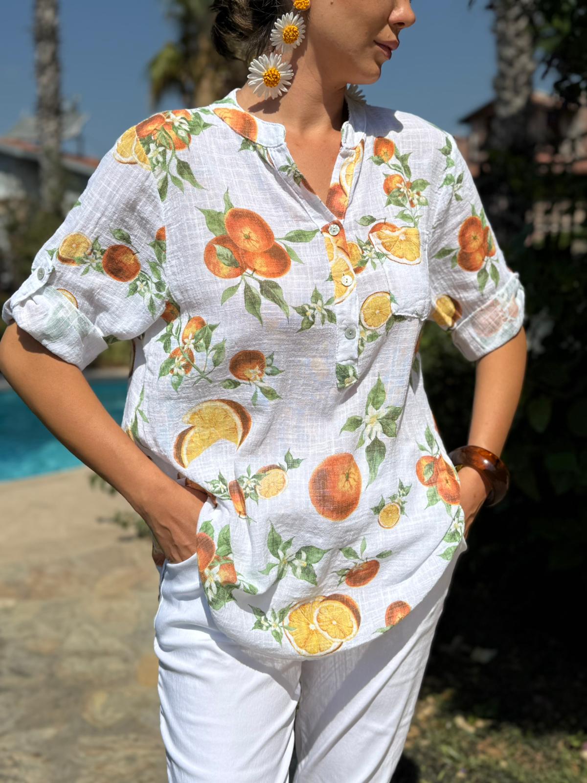 NC154553 İtalyan Pamuk Keten Bluz Beyaz