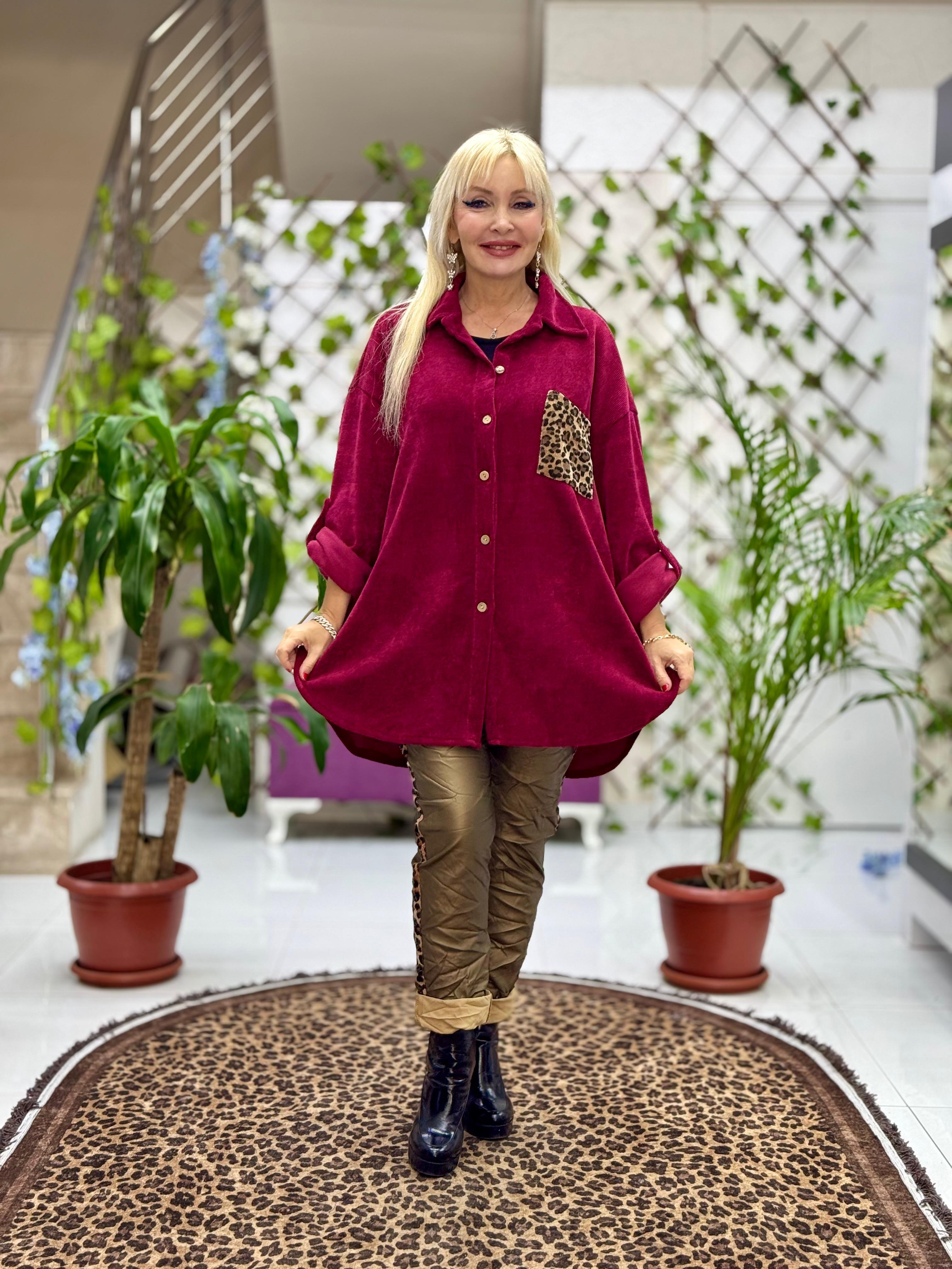 NC25198 Cep Leopar Detaylı Kadife Gömlek Bordo