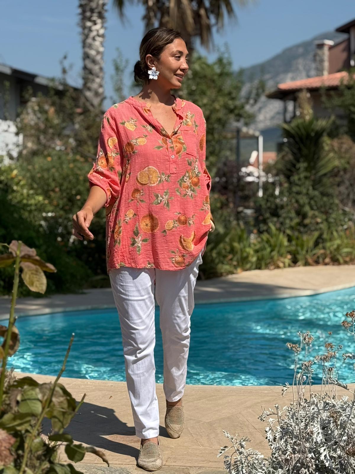 NC154553 İtalyan Pamuk Keten Bluz Mercan