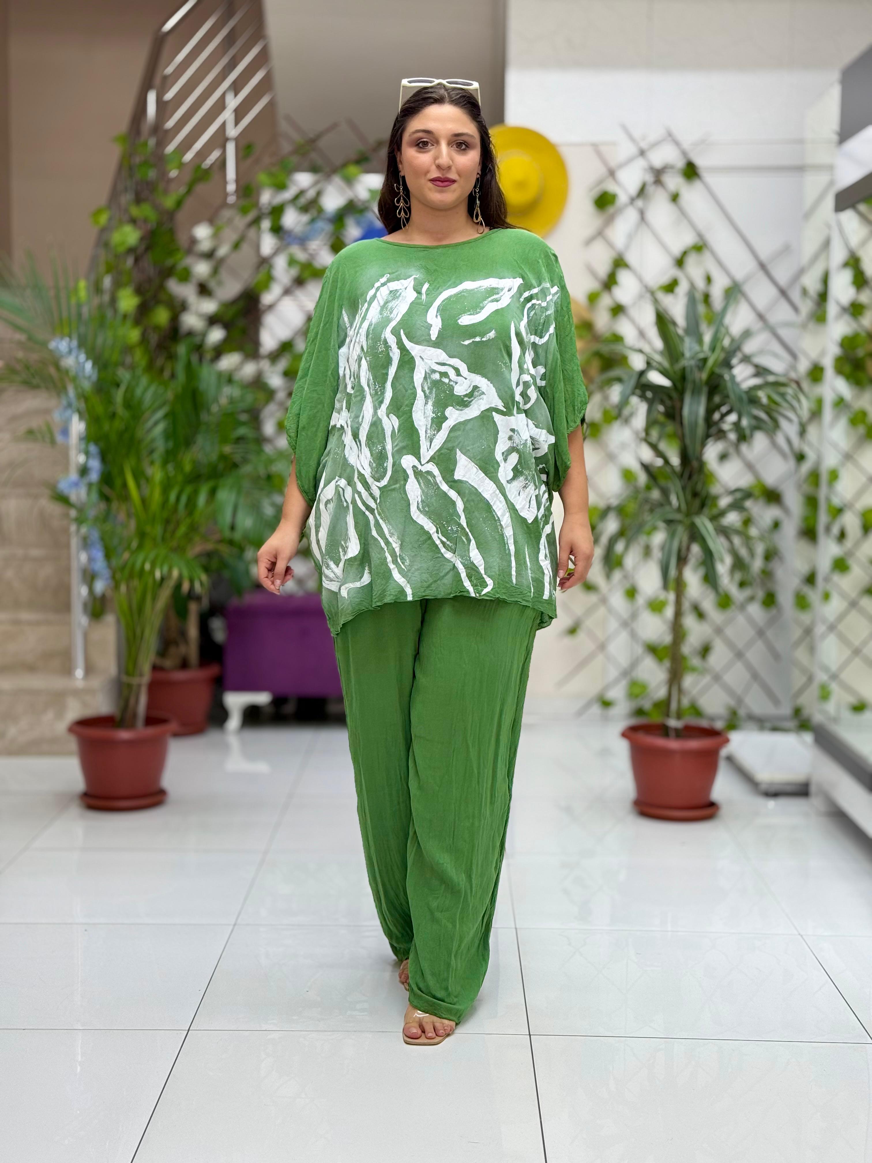 VL3009 Yarasa Kol Baskılı Vual Bluz Haki