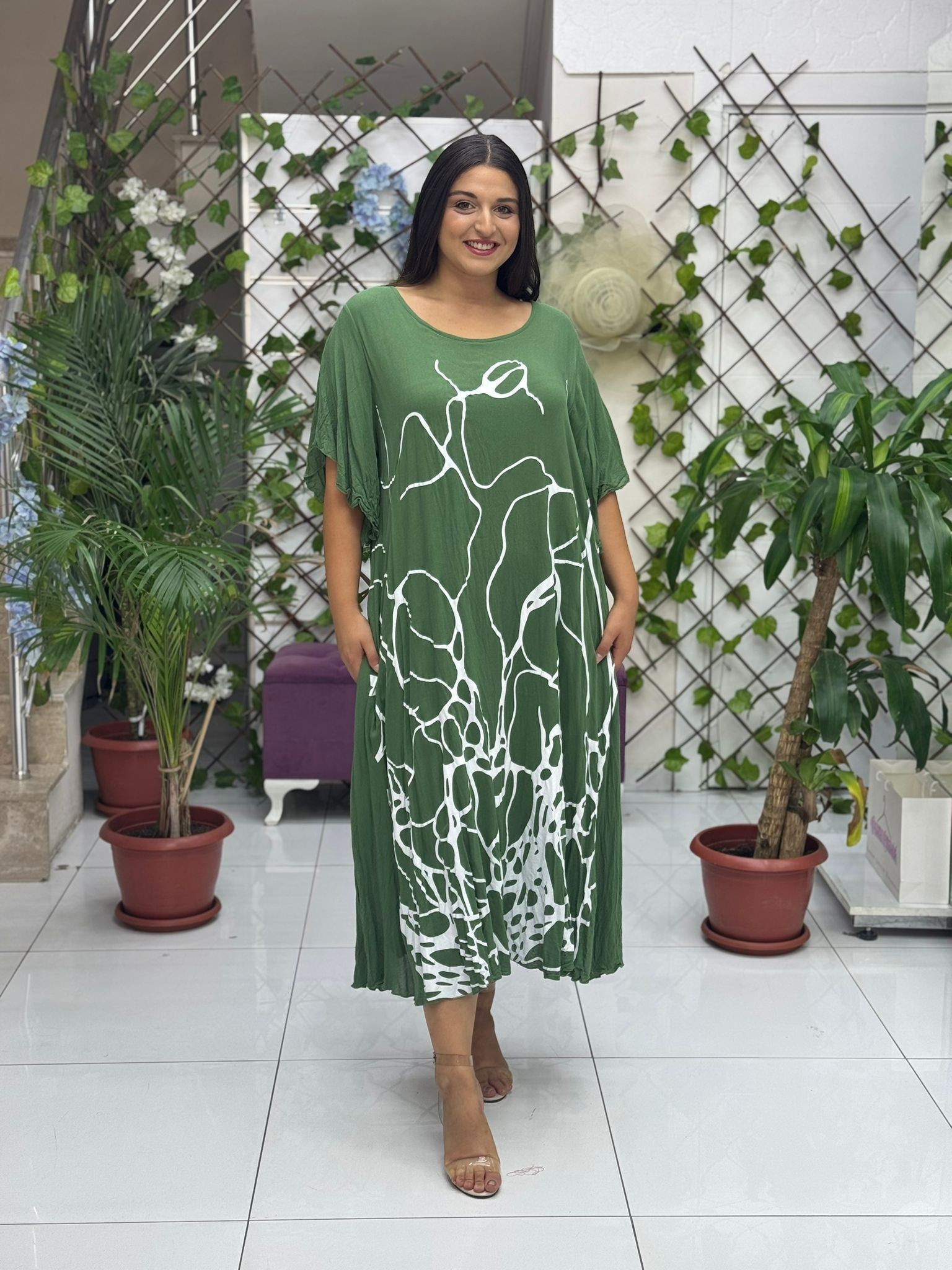 VL2110 Baskılı Yarım Kol Vual Elbise Haki