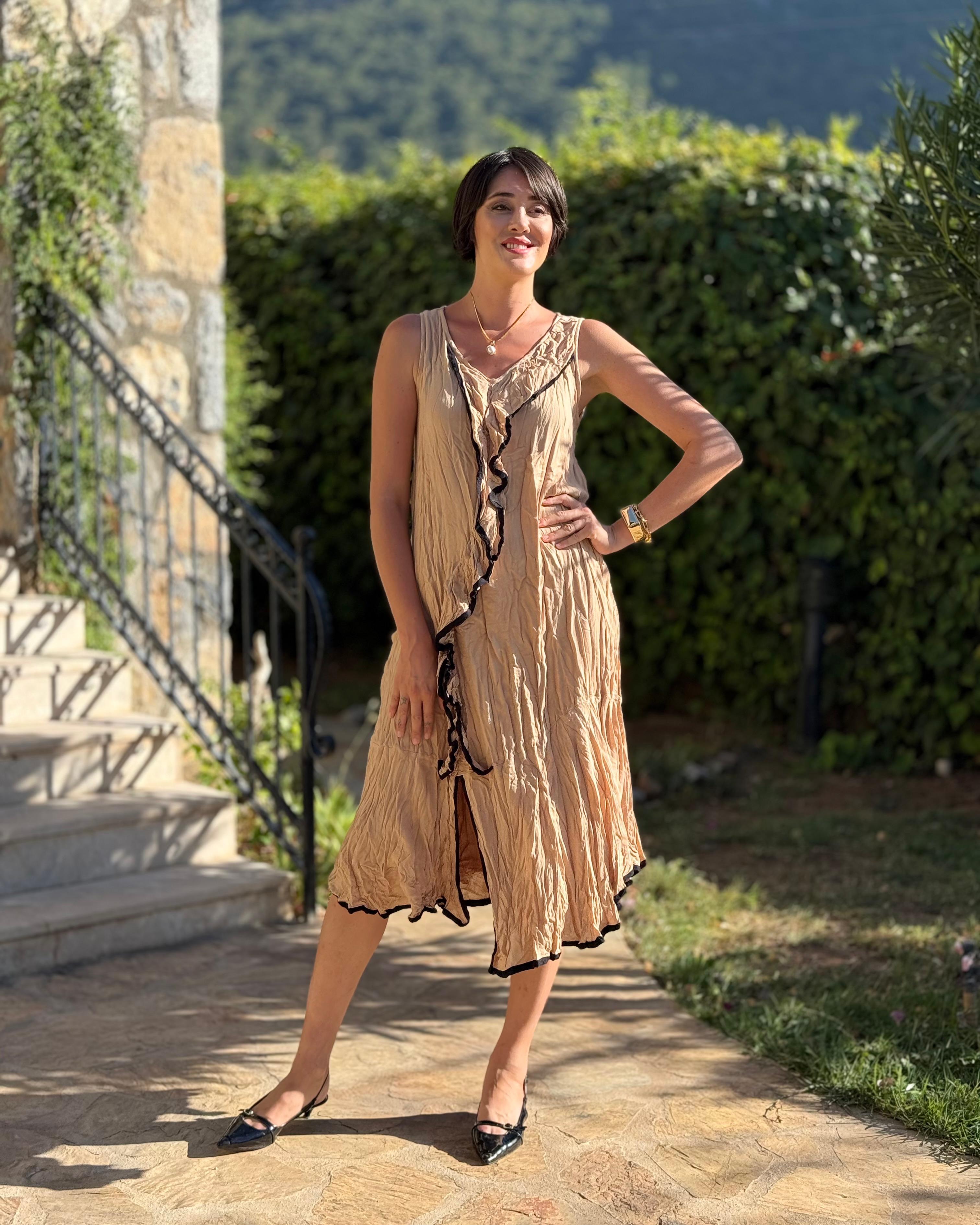 VL7051 İspanyol Vual Elbise Camel