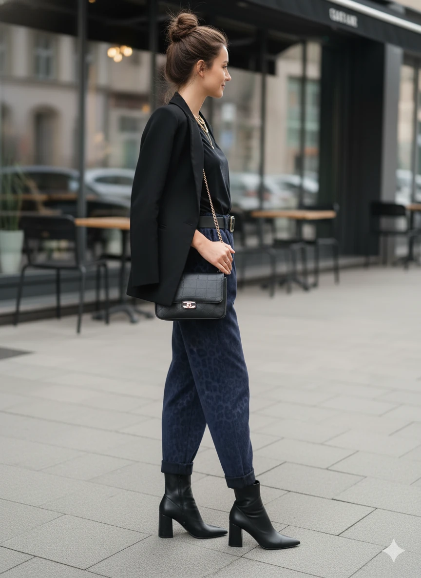 NC242976 italyan Leopar Desen Deri Pantolon Lacivert