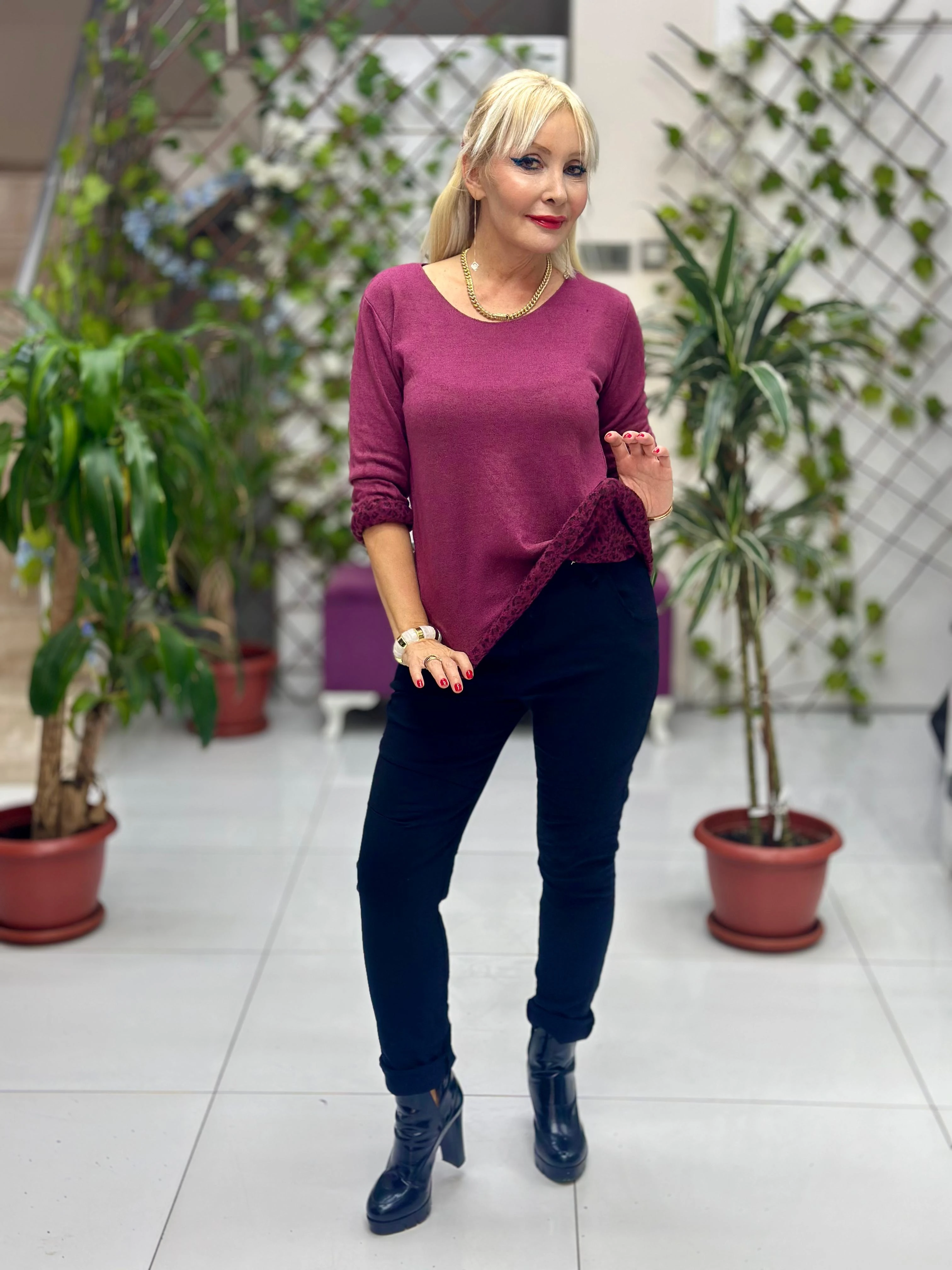 NC1202 İçi Leoparlı Yuvarlak Yaka Triko Küçük Kalıp Bluz Vişne