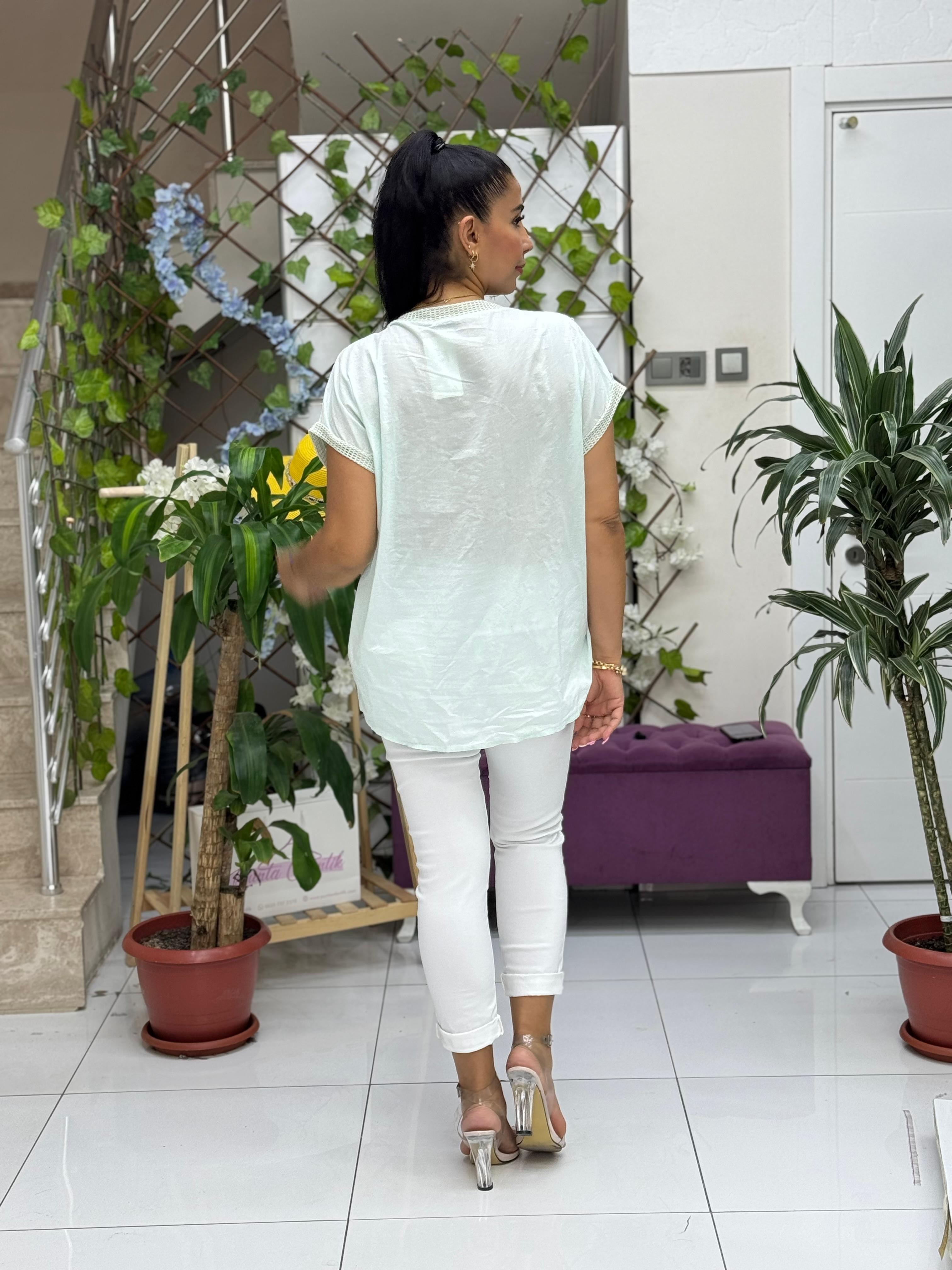 NC25043 İtalyan Nakışlı Cepli Coton Bluz Su Yeşili