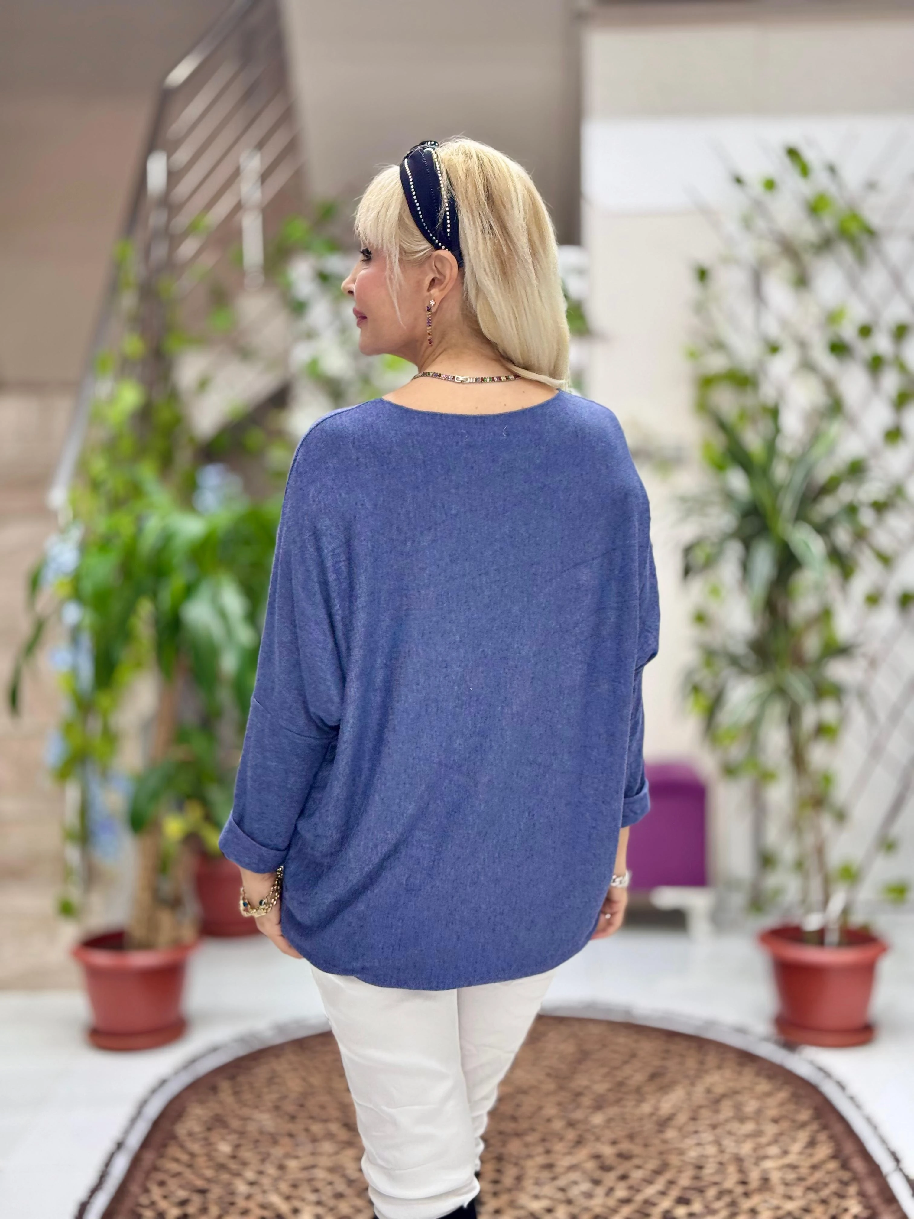 YG3003 Çiçek Baskılı İtalyan Triko Bluz Mavi